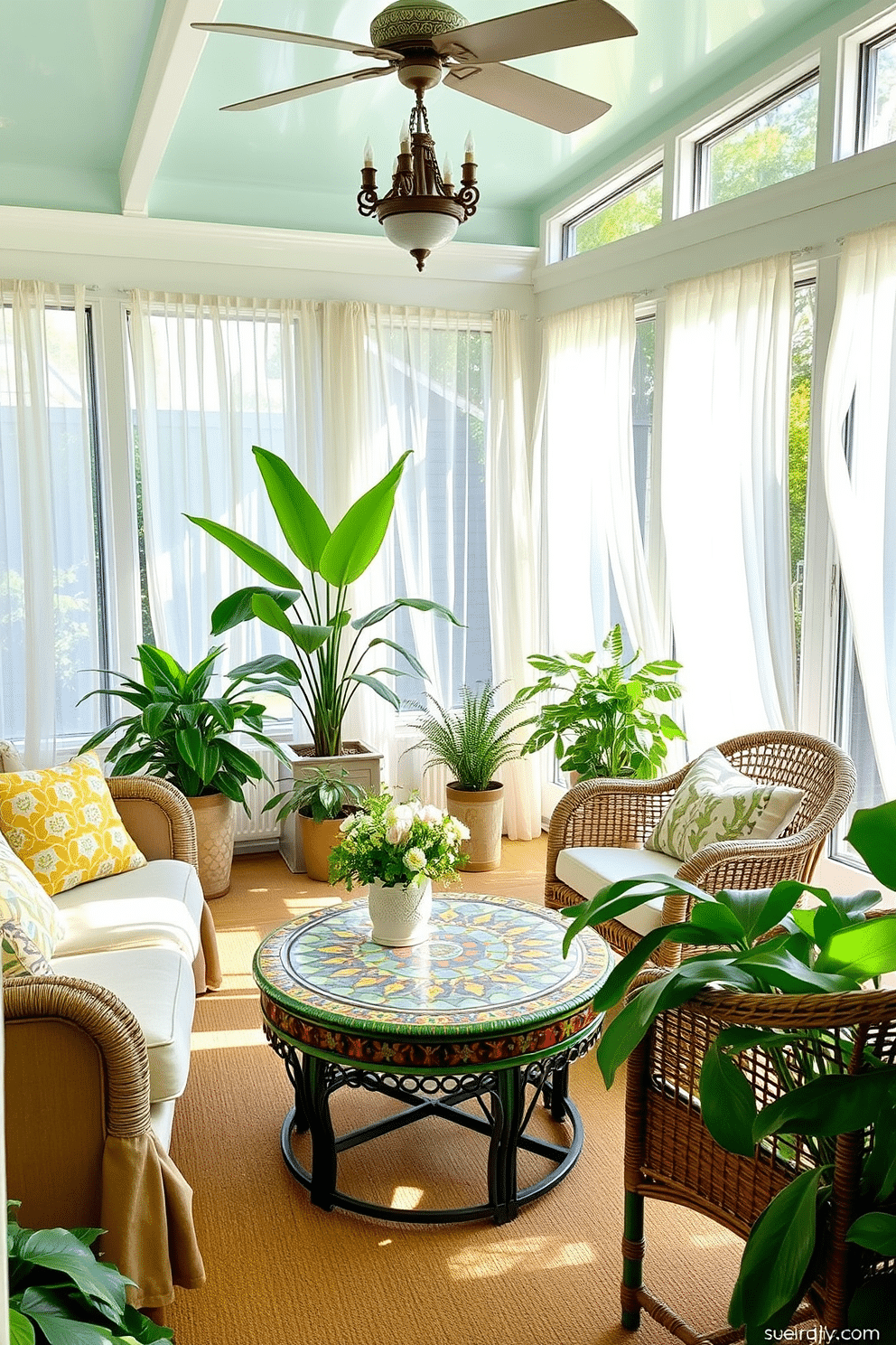 A bright and airy sunroom filled with natural light. The focal point is a mosaic side table adorned with vibrant colors, surrounded by comfortable seating options like a plush sofa and wicker chairs. Lush green plants are strategically placed around the room, adding a touch of nature. Sheer curtains flutter gently in the breeze, creating a serene and inviting atmosphere.