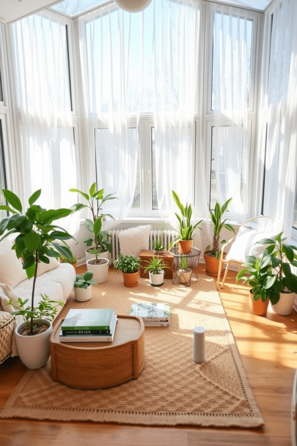 A cozy sunroom filled with natural light. The space features large windows adorned with sheer white curtains, allowing the spring sunshine to flood in. A comfortable seating area includes a plush sofa with pastel-colored cushions. In the center, a cozy woven area rug adds warmth and texture to the hardwood floor. Potted plants in various sizes bring life to the room, creating a vibrant atmosphere. A small wooden coffee table holds a stack of design books and a fragrant candle, inviting relaxation.
