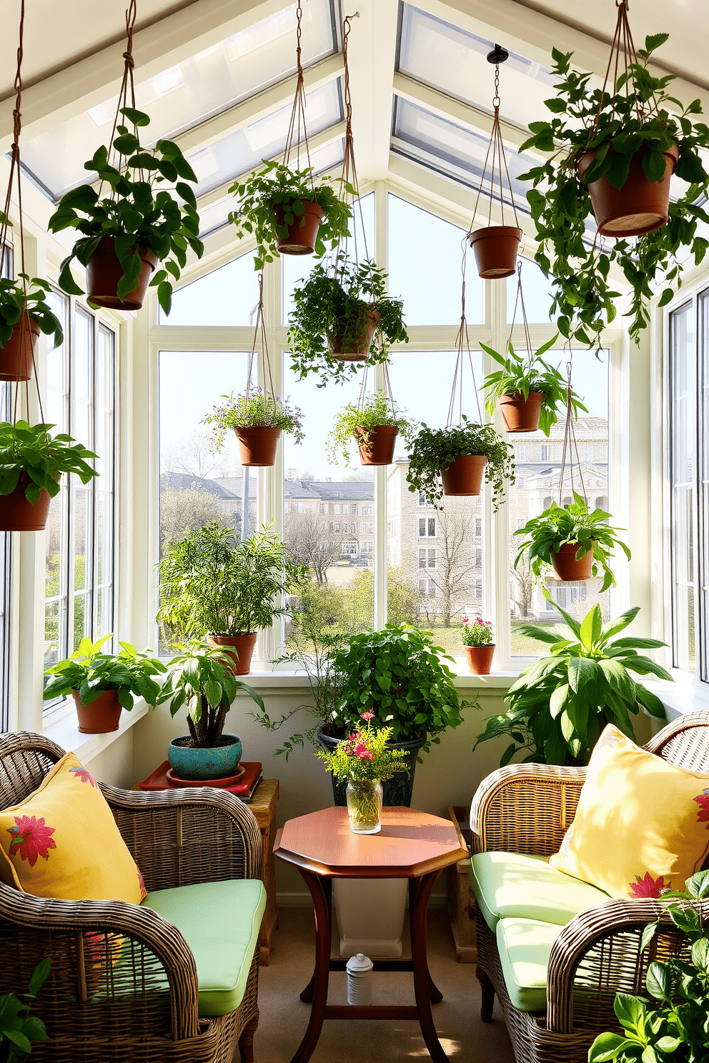 A bright and airy sunroom filled with natural light. There are hanging pots of various herbs like basil, mint, and rosemary suspended from the ceiling, creating a fragrant atmosphere. The walls are painted in a soft pastel color, enhancing the cheerful vibe of the space. Comfortable wicker furniture with colorful cushions is arranged around a small wooden table, inviting relaxation and enjoyment of the greenery.