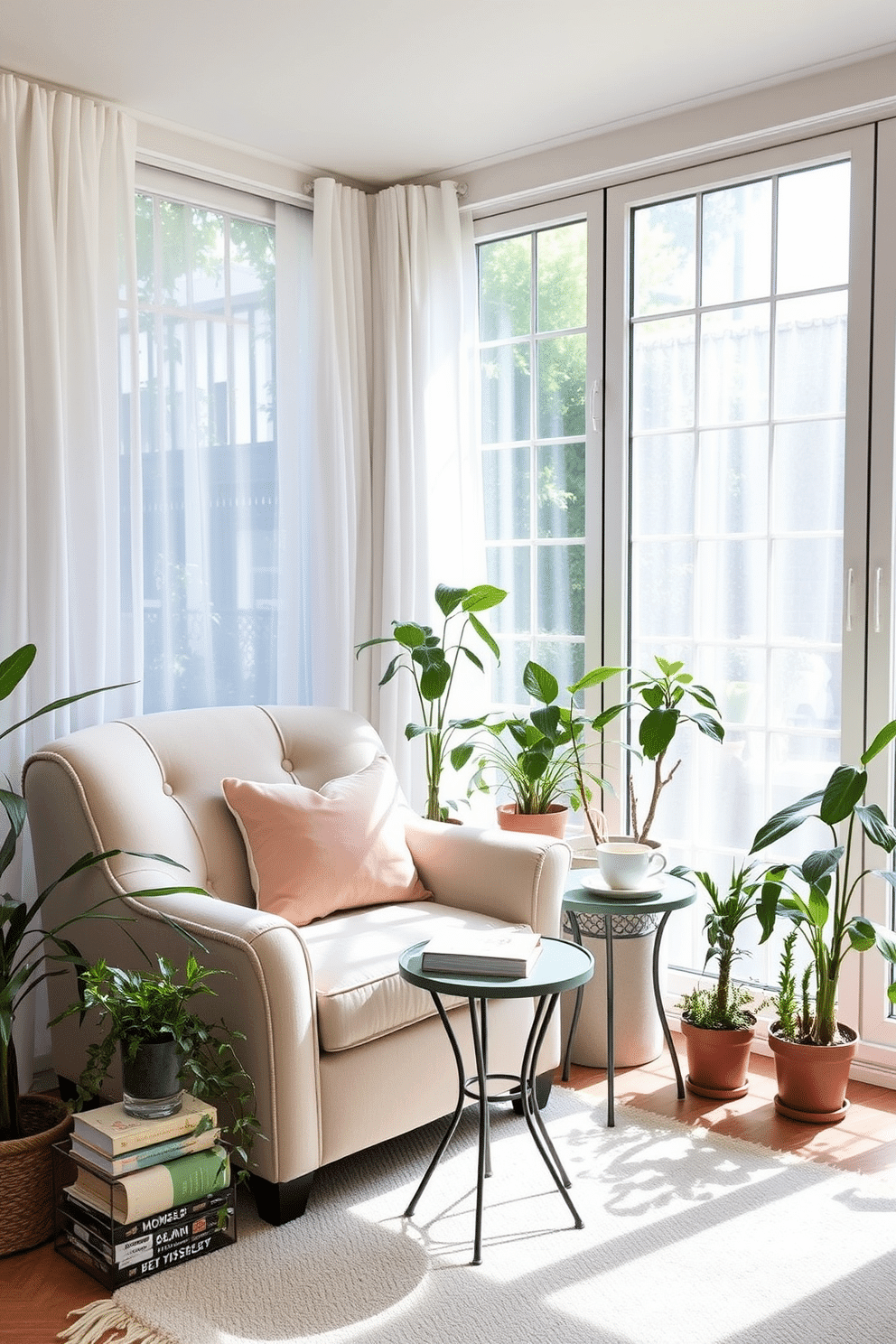 Create a cozy reading nook featuring a plush armchair upholstered in soft pastel fabric. A small side table sits next to the chair, adorned with a stack of books and a steaming cup of tea. In the sunroom, large windows let in abundant natural light, framed by sheer white curtains. Potted plants in various sizes are scattered around, adding a touch of greenery and freshness to the space.