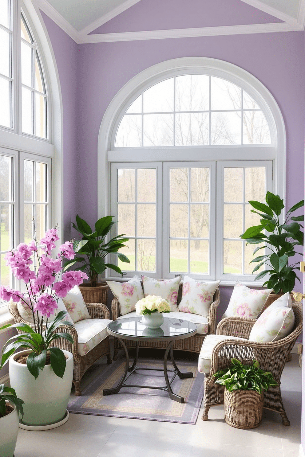 A sunroom filled with natural light and decorated in soft spring hues. The walls are painted in pastel shades of lavender and mint green, creating a serene atmosphere. Plush seating arrangements with floral-patterned cushions provide comfort and style. Large potted plants are strategically placed to enhance the fresh and vibrant feel of the space.