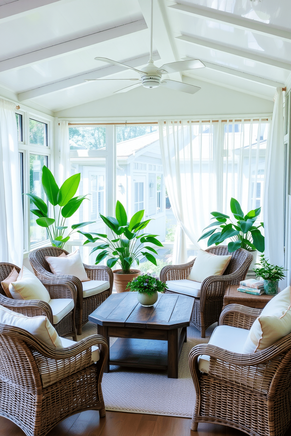 A bright and airy sunroom filled with natural light. The space features wicker furniture with soft, pastel cushions arranged around a rustic coffee table. Lush green plants are placed in the corners, adding a vibrant touch to the decor. Sheer white curtains flutter gently in the breeze, enhancing the serene atmosphere of the room.