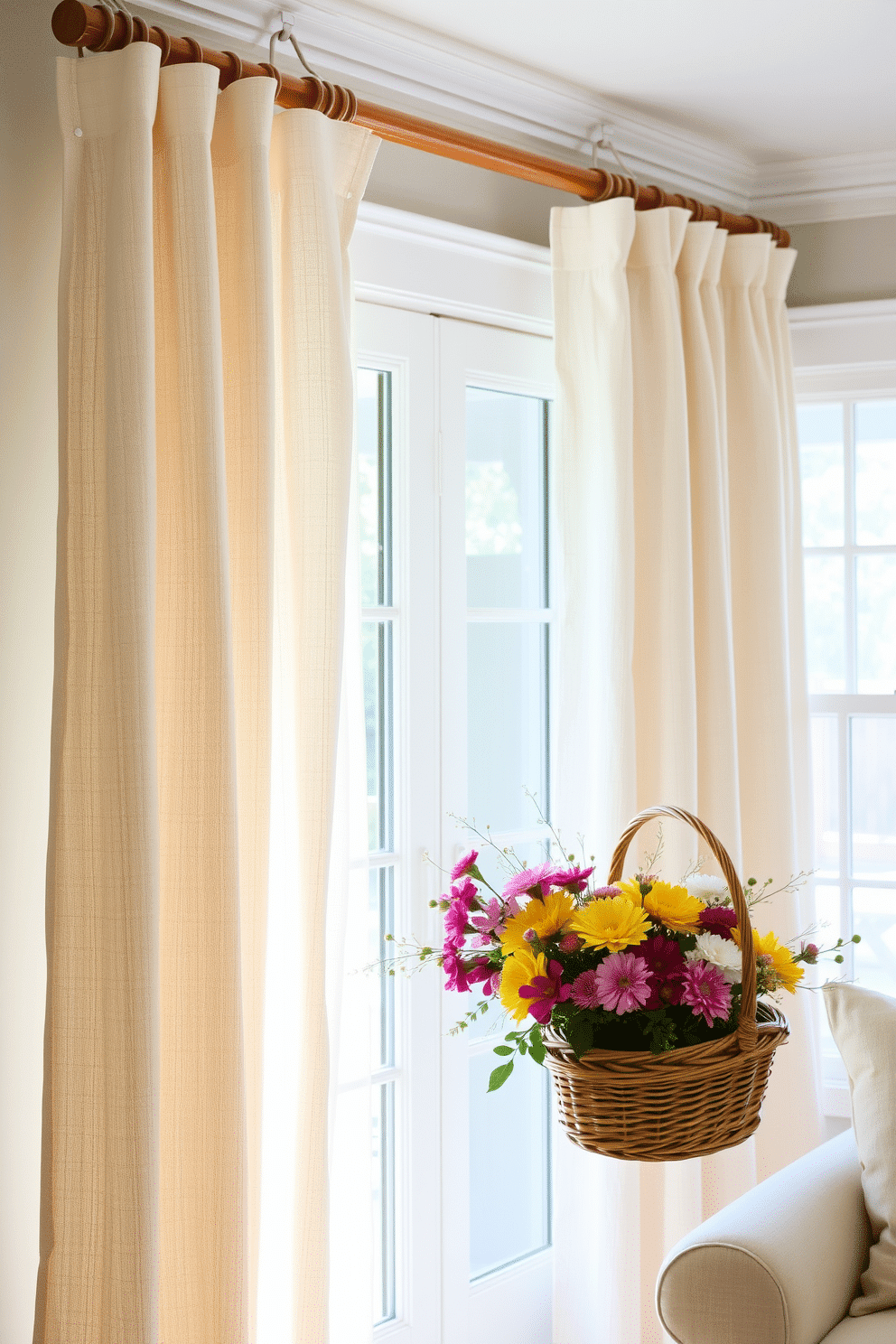 Lightweight linen drapes cascade gracefully from a polished wooden rod, allowing soft natural light to filter through. The airy fabric creates a sense of casual elegance, enhancing the serene atmosphere of the room. For summer window decorating ideas, consider pairing the drapes with vibrant floral accents and light-colored accessories. A simple woven basket filled with fresh seasonal blooms can add a touch of cheerfulness to the overall decor.