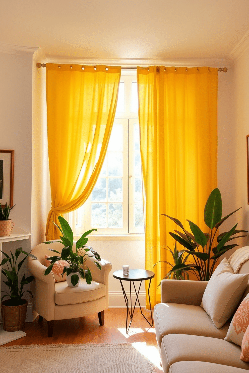 A bright and cheerful living room adorned with sunshine yellow curtains that frame a large window. The curtains billow gently with the breeze, adding a vibrant touch to the light-filled space. In the corner, a cozy reading nook features a plush armchair and a small side table. Potted plants add a refreshing green contrast to the sunny decor, enhancing the overall warmth of the room.