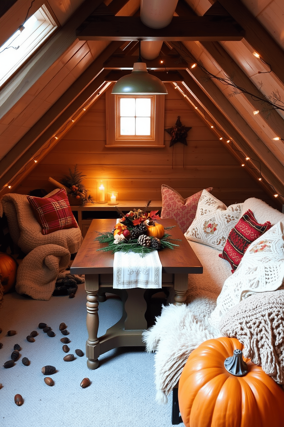 A cozy attic space decorated for Thanksgiving. Natural elements like pinecones and acorns are scattered throughout, adding a rustic touch to the warm, inviting atmosphere. Soft, ambient lighting illuminates the space, highlighting a vintage wooden table adorned with a festive centerpiece. Plush blankets and seasonal pillows create a comfortable seating area, perfect for family gatherings.