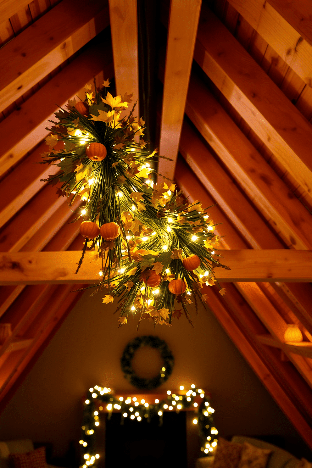 A cozy attic space adorned with a Thanksgiving-themed garland gracefully hanging from exposed wooden beams. The garland is richly decorated with autumn leaves, miniature pumpkins, and twinkling fairy lights, creating a warm and inviting atmosphere.