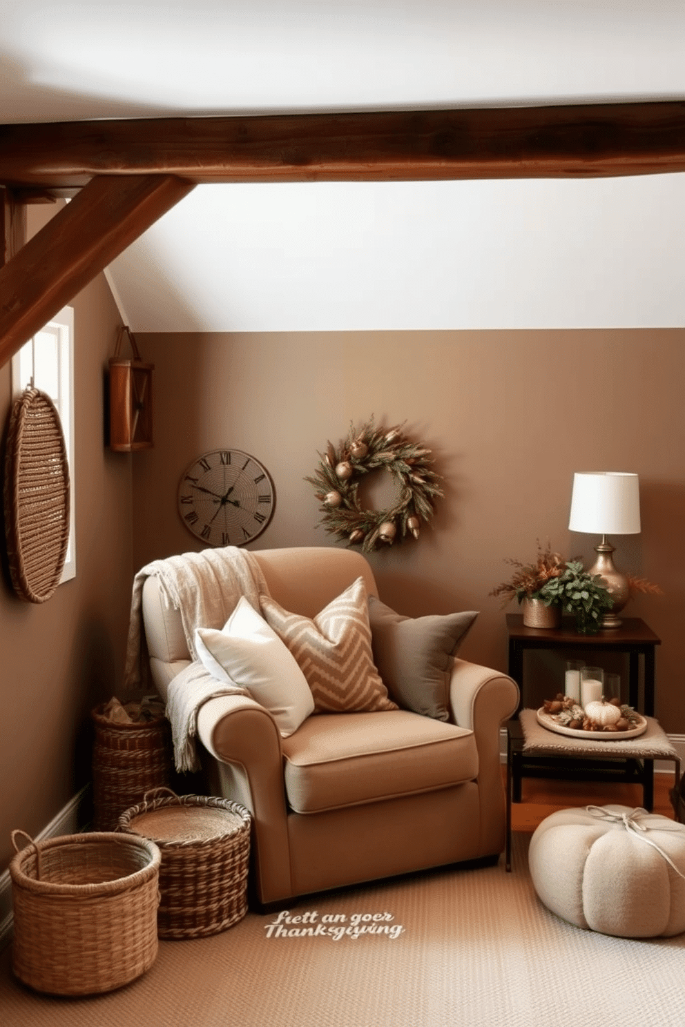 A cozy attic space adorned with earthy tones creates a warm and inviting atmosphere. Soft brown and green decor pieces, such as woven baskets and textured cushions, enhance the natural feel of the room. The walls are painted in a warm taupe, complemented by rustic wooden beams that add character. A large, comfortable armchair sits in the corner, surrounded by plush throw blankets and a small side table with seasonal decorations for Thanksgiving.