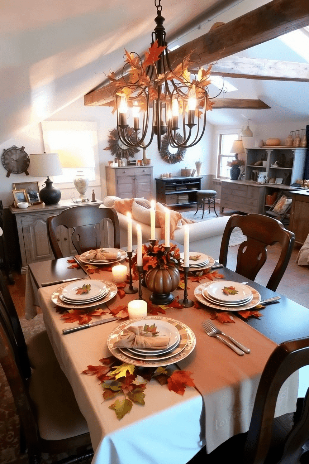 A cozy dining room setting featuring seasonal table runners adorned with autumn leaves and pumpkins. The table is set for Thanksgiving with elegant dinnerware and soft candlelight illuminating the warm colors of the decor. An inviting attic space transformed into a charming retreat with rustic decorations. Vintage furniture pieces and warm textiles create a cozy atmosphere, complemented by soft lighting and playful accents throughout the room.