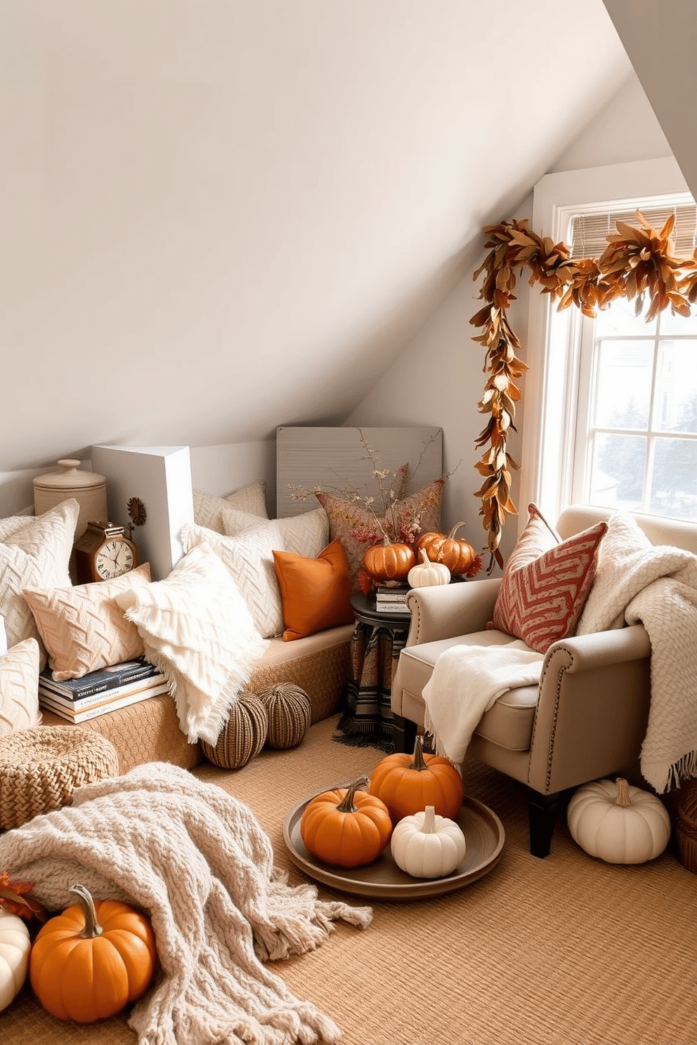 Create a cozy reading nook filled with plush pillows and soft blankets. A comfortable armchair is positioned near a window, allowing natural light to flood the space, while a small side table holds a stack of books and a steaming cup of tea. For Thanksgiving attic decorating ideas, incorporate warm autumn colors and rustic elements. Use decorative pumpkins, garlands of dried leaves, and cozy throws to create a welcoming atmosphere that celebrates the season.