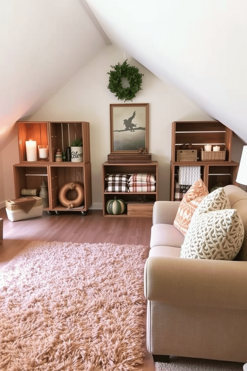 Create a cozy attic space decorated for Thanksgiving. Wooden crates are used for decorative storage, adding rustic charm while holding seasonal decor and blankets. Soft, warm lighting illuminates the area, creating an inviting atmosphere. A plush area rug in autumn colors anchors the seating arrangement, complemented by throw pillows in rich textures.
