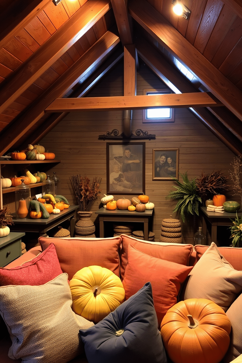 Create a cozy attic space decorated for Thanksgiving. The room features an assortment of colorful gourds and squash arranged artistically on wooden shelves and tables, adding warmth and seasonal charm. Soft, ambient lighting illuminates the space, highlighting the rustic wooden beams and the inviting atmosphere. Plush cushions in autumn hues are scattered across a large, comfortable seating area, inviting family and friends to gather and celebrate.