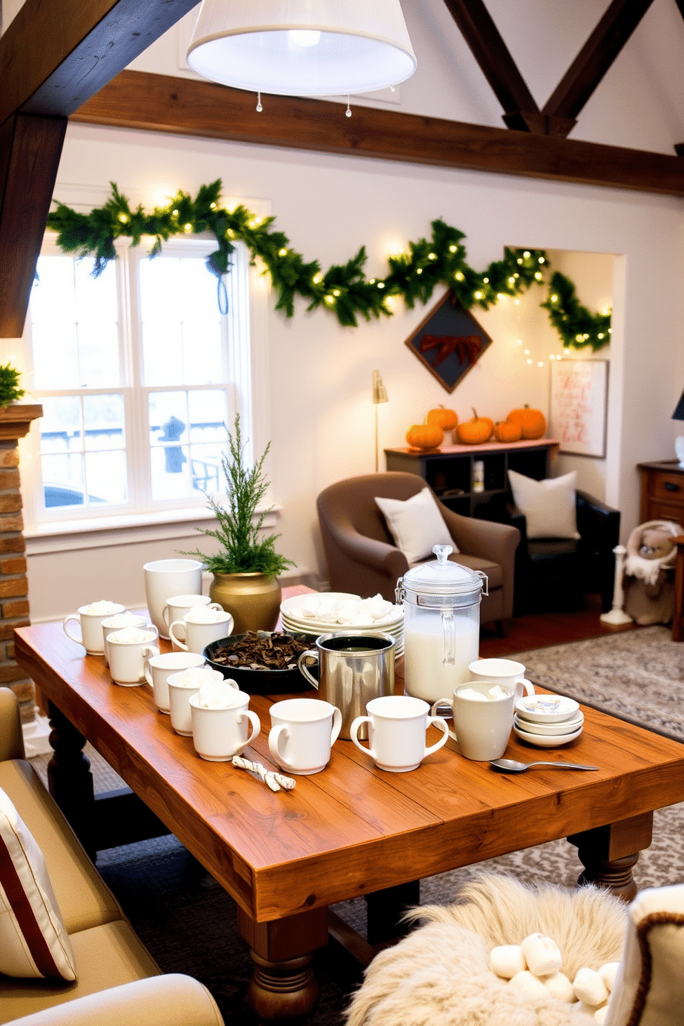 A cozy hot cocoa station is set up in a warm corner of the living room. The station features a rustic wooden table adorned with an assortment of mugs, whipped cream, and toppings like marshmallows and chocolate shavings. The attic is transformed into a charming holiday retreat. Soft string lights illuminate the space, while seasonal decorations like garlands and pumpkins create a festive atmosphere.