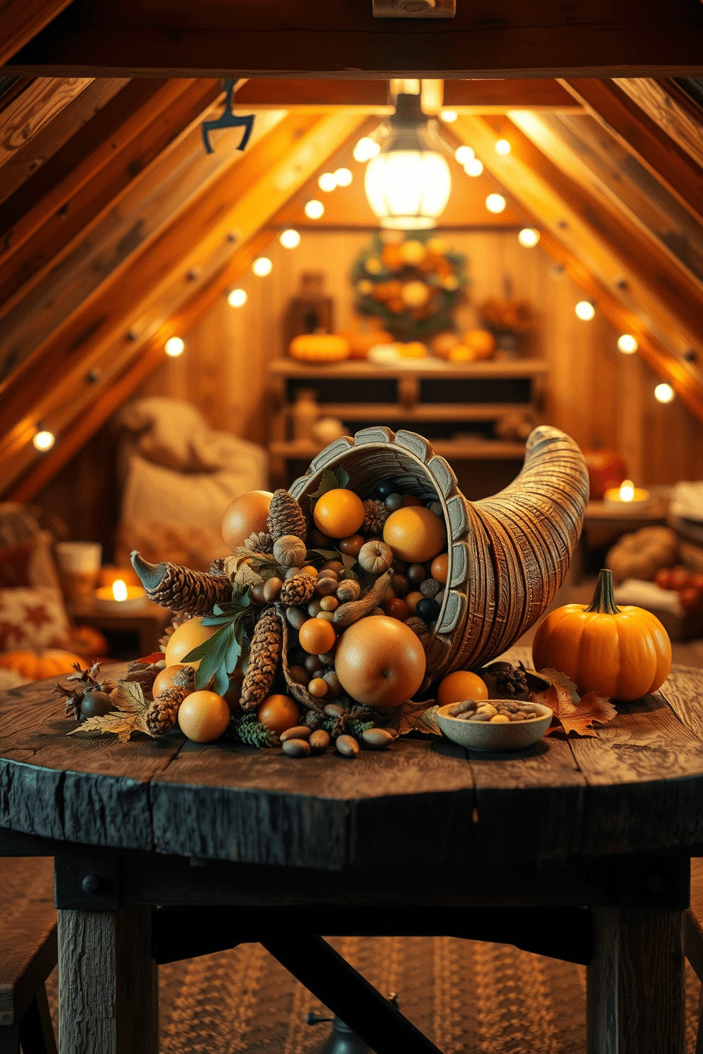 A cozy attic space decorated for Thanksgiving. A cornucopia overflowing with colorful fruits, nuts, and seasonal treats is placed on a rustic wooden table surrounded by warm, soft lighting.