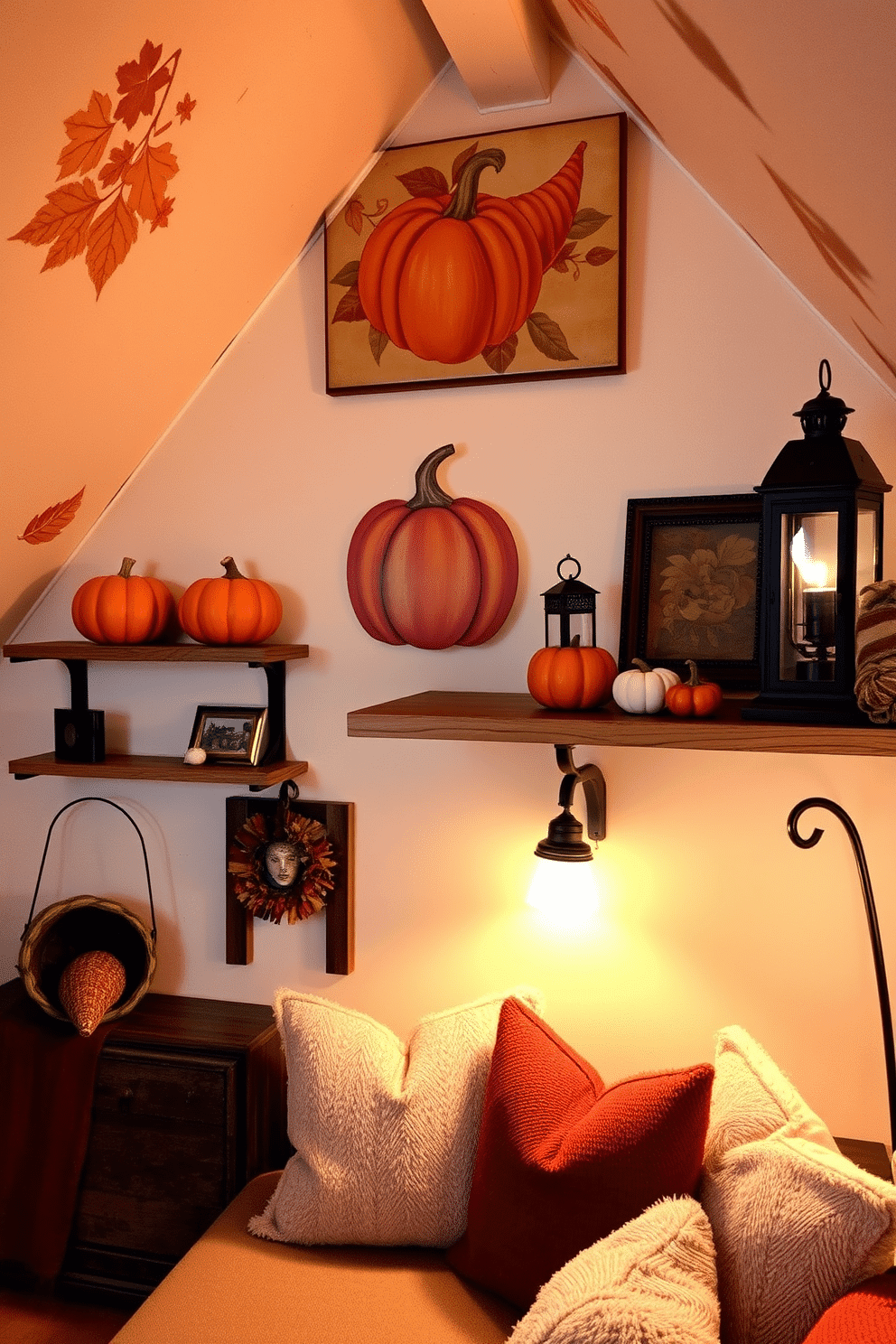 A cozy attic space adorned with harvest-themed wall art featuring pumpkins, gourds, and autumn leaves. Soft, warm lighting illuminates the room, creating an inviting atmosphere perfect for Thanksgiving gatherings. Rustic wooden shelves display seasonal decor, including handcrafted cornucopias and vintage lanterns. A comfortable seating area with plush cushions invites family and friends to relax and enjoy the festive ambiance.
