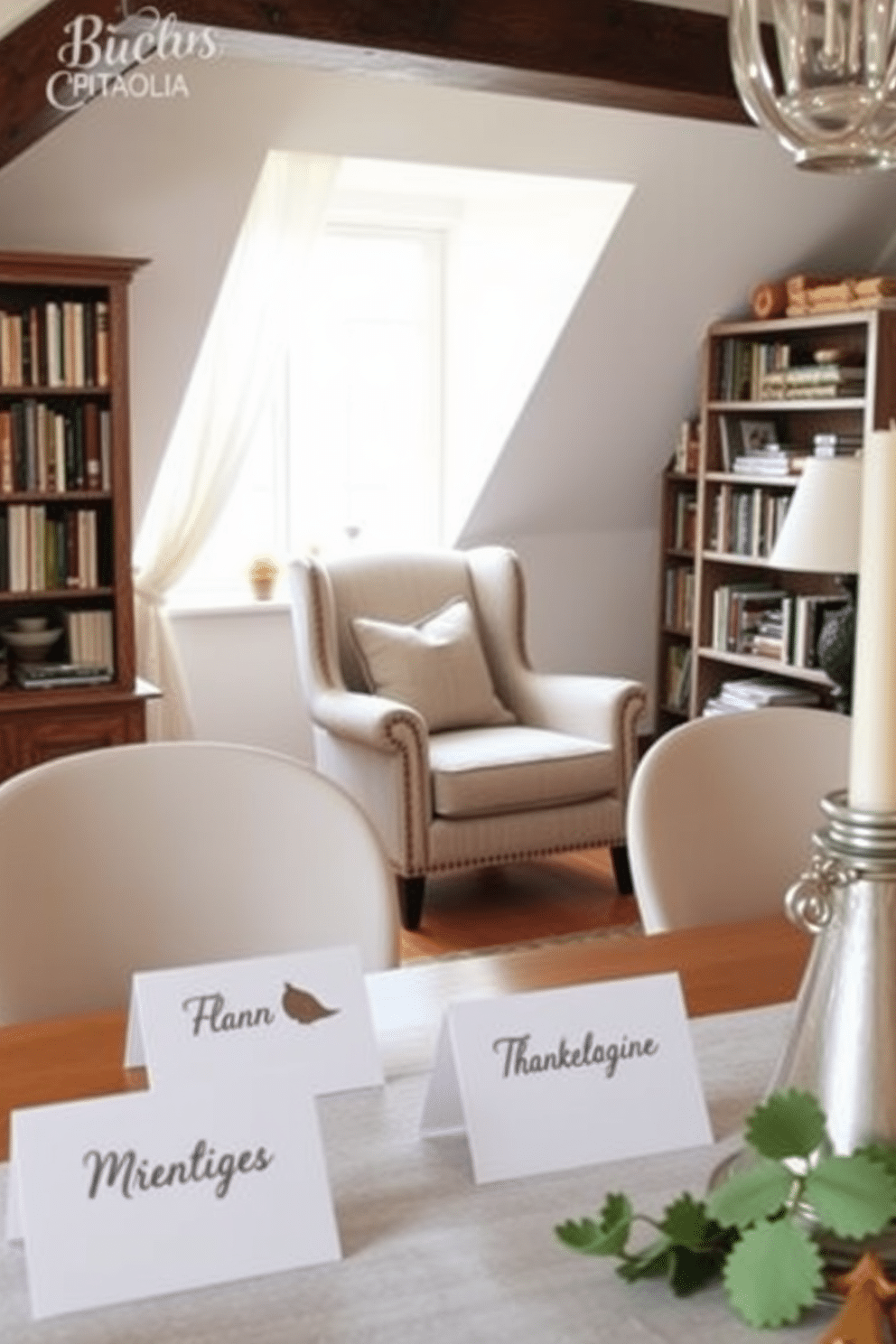 Craft paper place cards for a personal touch. Each card is hand-written with the guest's name in elegant calligraphy, adding a warm and inviting feel to the Thanksgiving table setting. Attic decorating ideas that transform unused space into a cozy retreat. Imagine a charming reading nook with a comfortable armchair, soft lighting, and shelves filled with books, creating an inviting atmosphere.
