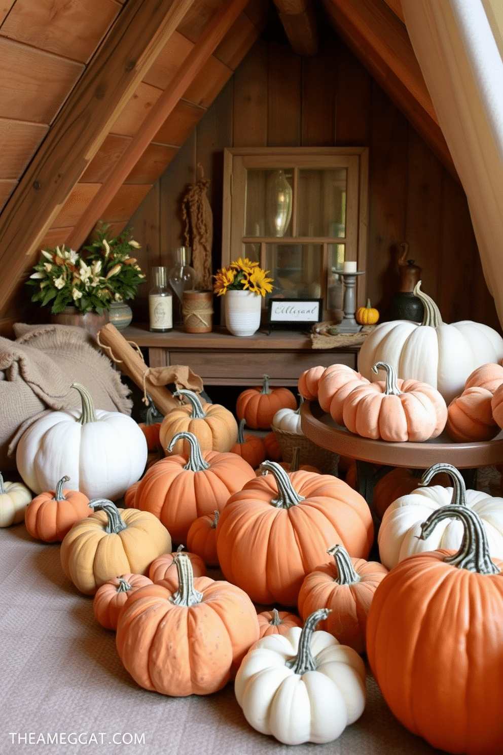 Create a cozy Thanksgiving attic setting featuring fabric pumpkins in various sizes and colors scattered throughout the space. The warm, rustic charm is enhanced by soft lighting and autumn-themed decorations, creating a welcoming atmosphere for family gatherings.