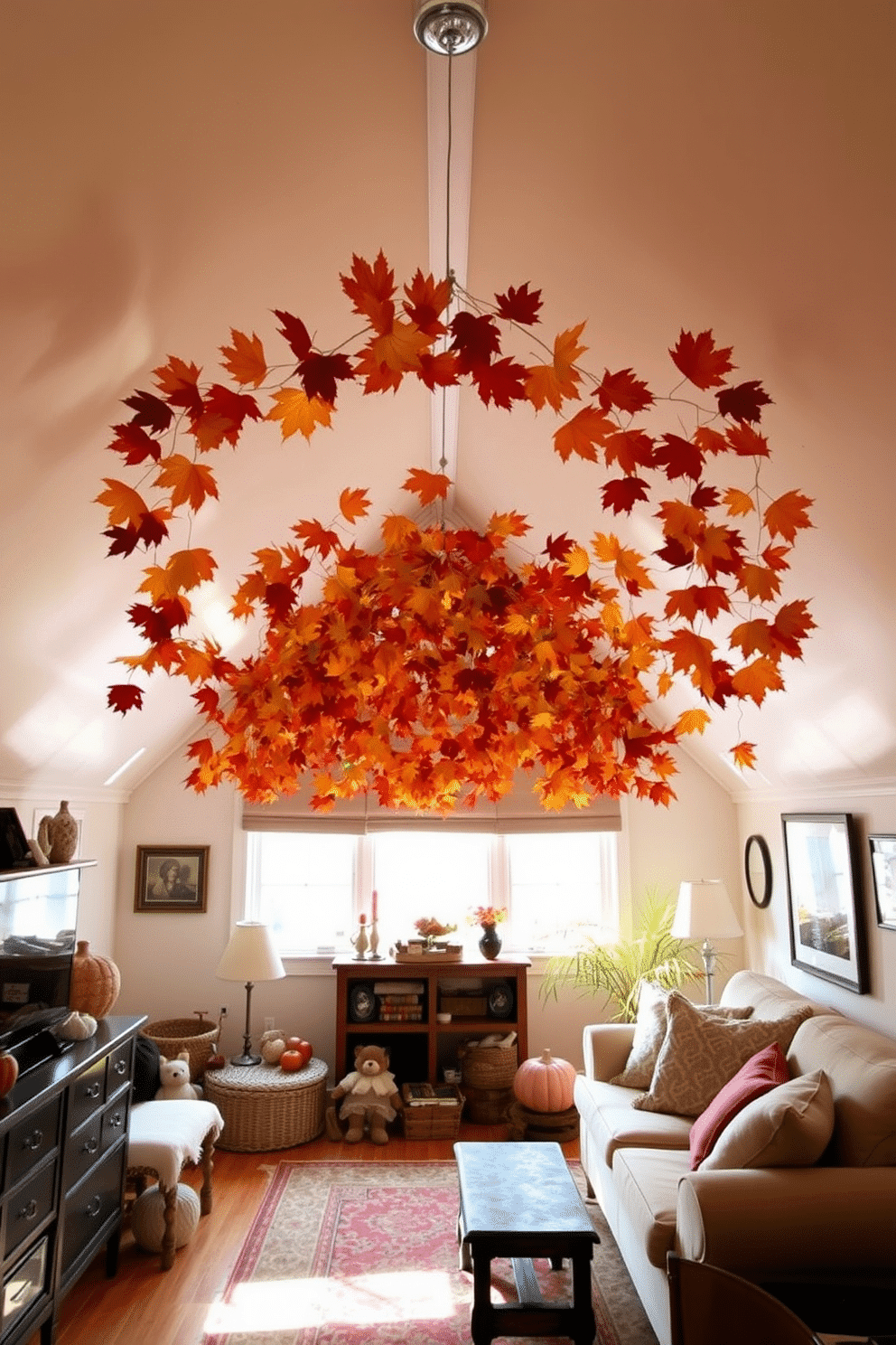 Create an inviting attic space decorated for Thanksgiving. Hang vibrant autumn leaves from the ceiling to create a warm and festive atmosphere.