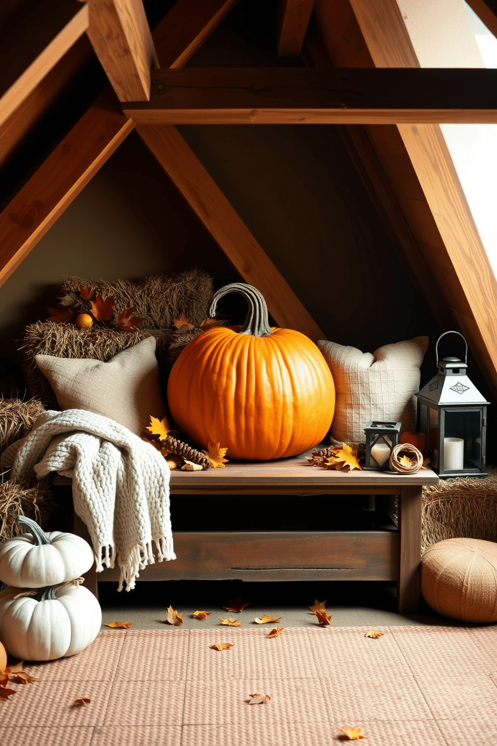 Create a cozy attic space decorated for Thanksgiving with a large, vibrant pumpkin as the focal point. Surround the pumpkin with warm, autumnal decor such as hay bales, colorful leaves, and rustic lanterns to enhance the seasonal atmosphere. Incorporate soft, textured blankets and pillows on a vintage wooden bench to invite relaxation. Use warm lighting to create a welcoming ambiance, highlighting the pumpkin and the surrounding decorations.