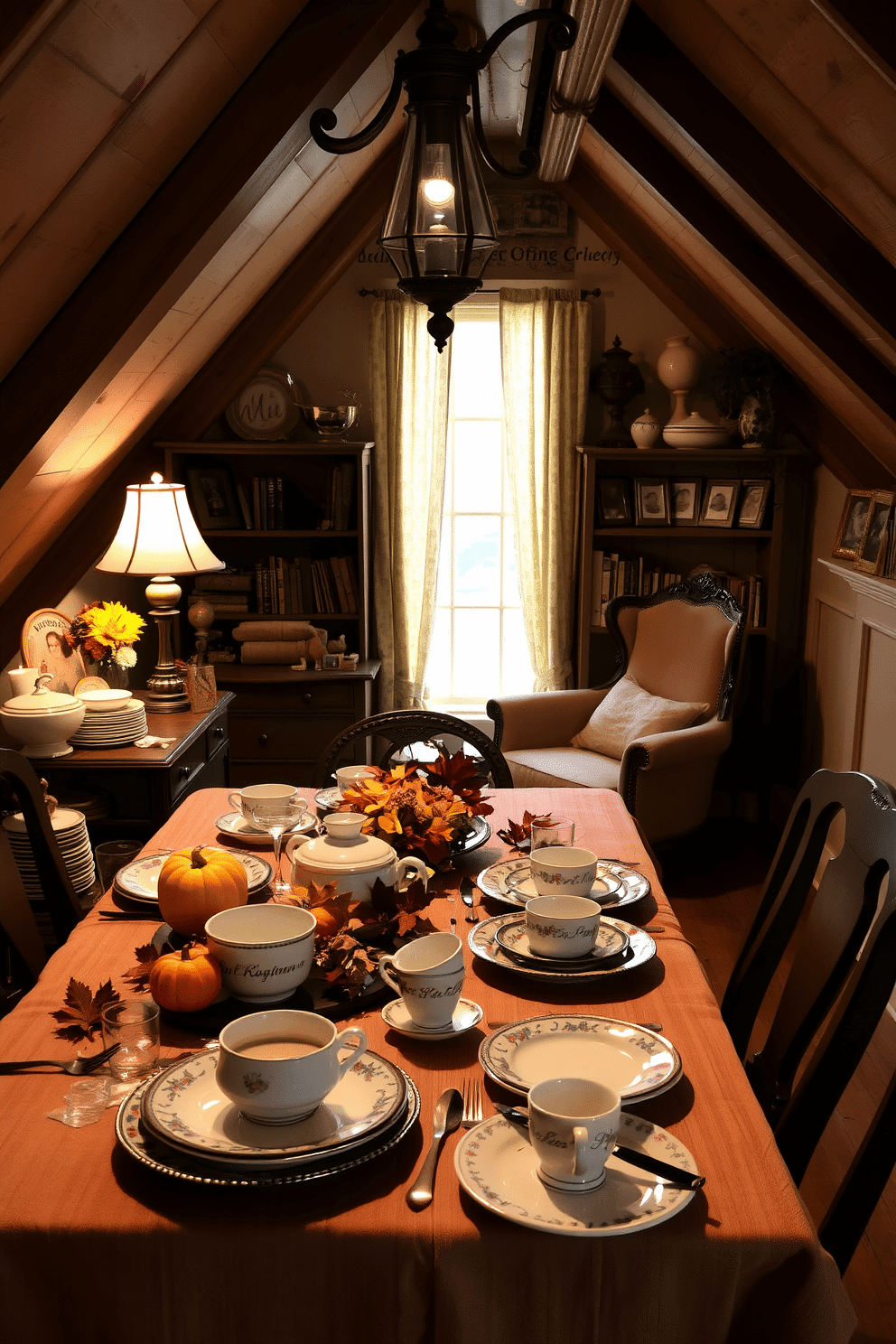 A charming dining setup featuring an array of vintage dishes elegantly arranged for a Thanksgiving feast. The table is adorned with a rustic tablecloth, and seasonal decorations like pumpkins and autumn leaves complement the vintage china. A cozy attic space transformed into a delightful reading nook. Soft lighting casts a warm glow over a vintage armchair, surrounded by shelves filled with books and decorative items that evoke nostalgia.