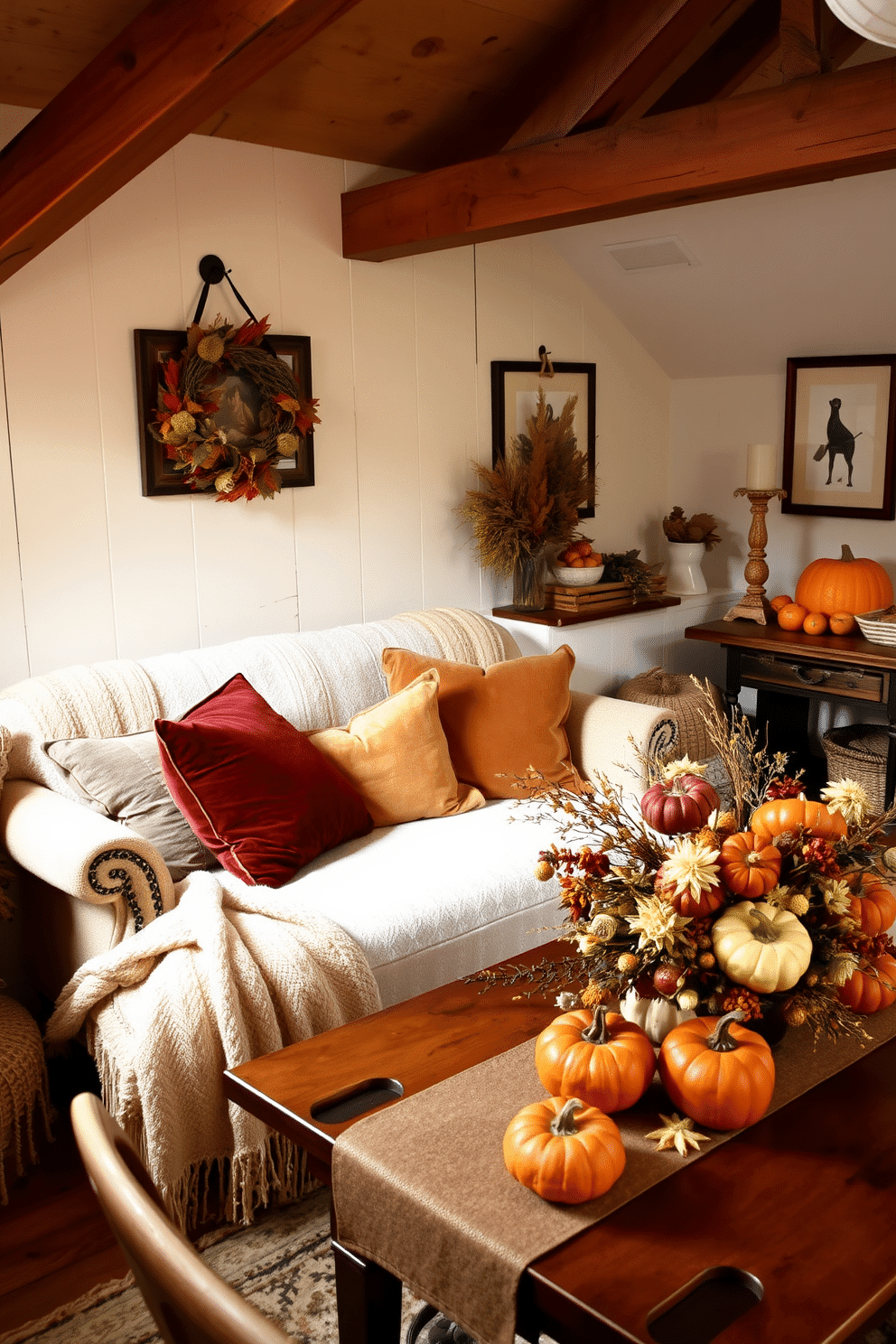 A cozy attic space adorned for Thanksgiving. Plush velvet cushions in warm earth tones are scattered across a soft woolen throw on a vintage chaise lounge. The walls are decorated with rustic wooden accents and autumn-themed artwork. A harvest table is set with a beautiful centerpiece of pumpkins and dried flowers, inviting warmth and comfort.