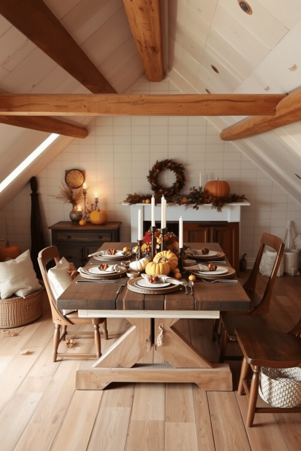 Create a cozy attic space decorated for Thanksgiving. Use warm colors and natural materials to evoke a feeling of comfort and nostalgia. Incorporate elements like a rustic wooden table set for a festive meal. Adorn the table with seasonal decorations such as pumpkins, candles, and autumn leaves.