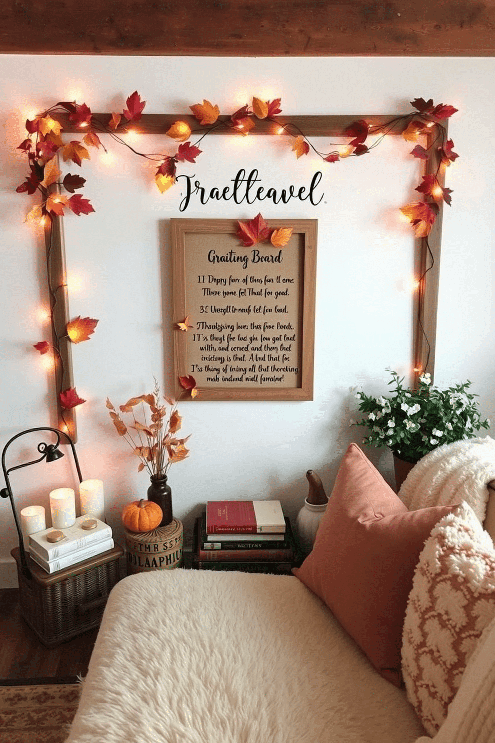 Create a warm and inviting gratitude board for guests this Thanksgiving. Incorporate a rustic wooden frame adorned with autumn leaves and twinkling fairy lights. For attic decorating ideas, envision a cozy reading nook with plush seating and soft blankets. Use warm colors and vintage decor to create a charming and relaxing atmosphere.