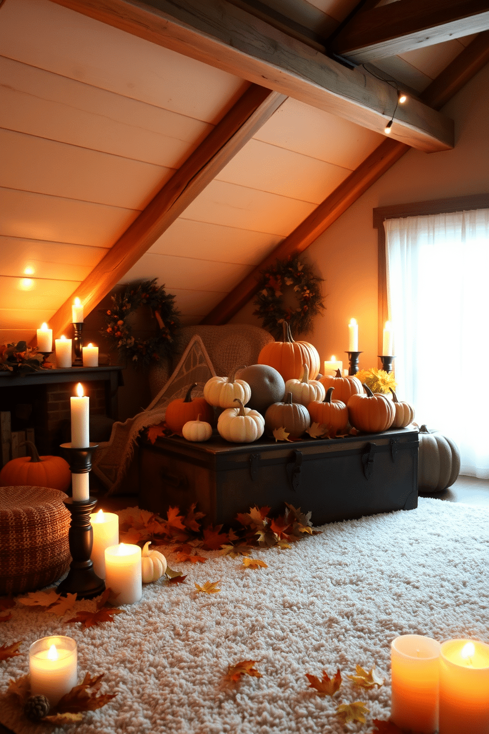 A cozy attic space decorated for Thanksgiving. Soft, warm lighting illuminates the room, highlighting rustic wooden beams and a plush area rug. A collection of pumpkins in various sizes is arranged on a vintage trunk, while colorful autumn leaves are scattered around. Scented candles infused with seasonal essential oils create a welcoming atmosphere.