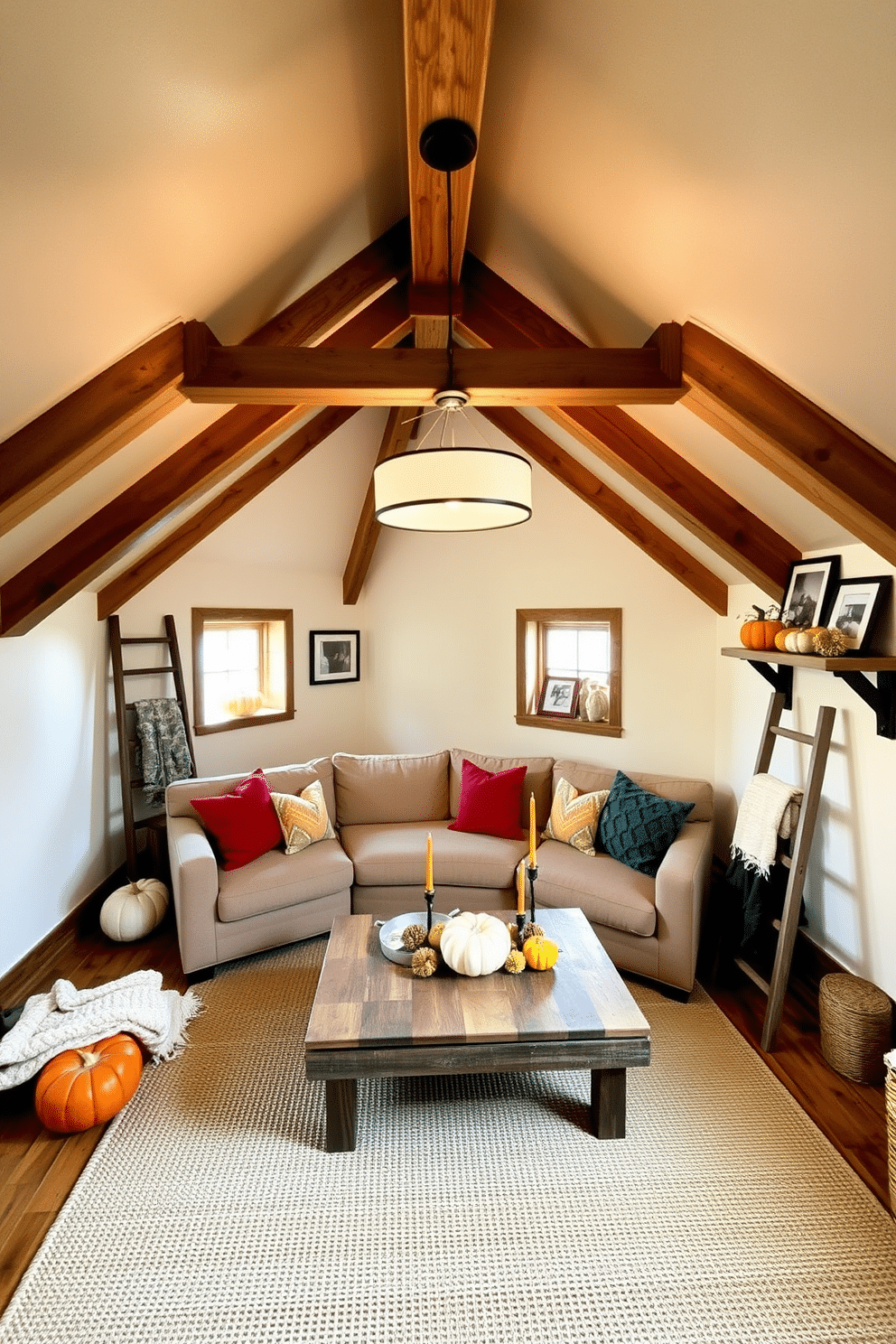 A cozy attic space featuring a blend of modern and rustic decor elements. Exposed wooden beams run across the ceiling, while a contemporary light fixture hangs elegantly in the center. A large, plush sectional sofa in a neutral tone is positioned against the wall, adorned with colorful throw pillows that add warmth. A reclaimed wood coffee table sits in front of the sofa, showcasing seasonal decorations like pumpkins and candles. In one corner, a vintage ladder leans against the wall, displaying soft, knitted blankets for added comfort. The walls are painted in a soft cream color, enhancing the natural light that filters through the small, framed windows. A rustic wooden shelf holds an assortment of autumn-themed decor, including small gourds and framed family photos. A woven area rug in earthy tones anchors the space, inviting guests to relax and enjoy the festive atmosphere.