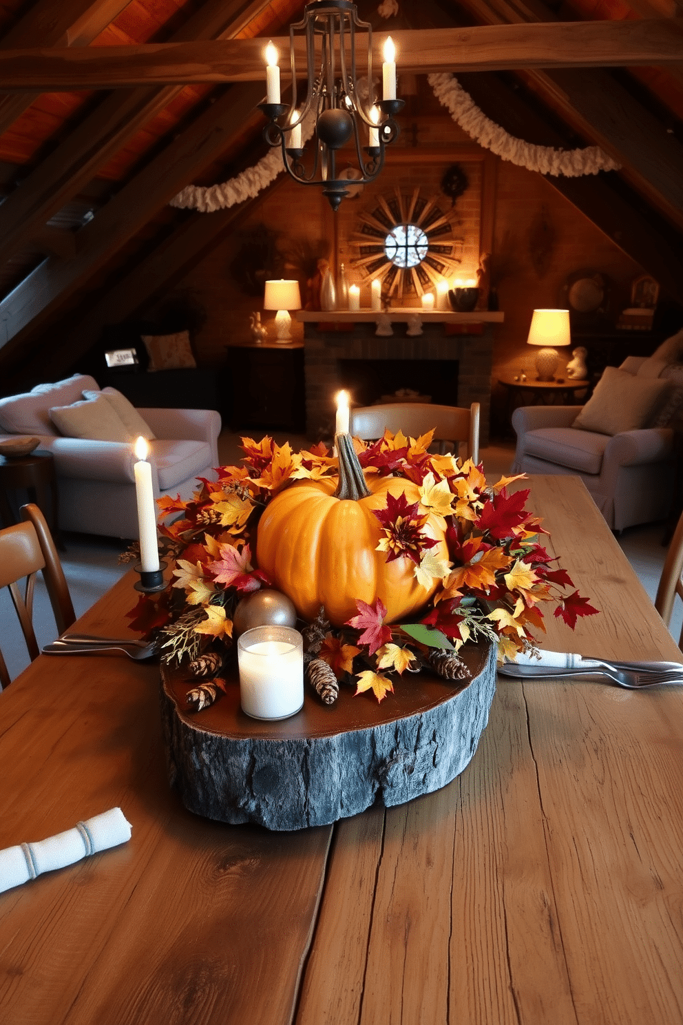 A beautiful pumpkin centerpiece sits on a rustic wooden table adorned with autumn leaves and candles. The table is set for Thanksgiving, creating a warm and inviting atmosphere filled with seasonal charm. The attic is decorated with cozy furnishings and soft lighting to create a welcoming retreat. Vintage decor elements and plush textiles add character and comfort to this unique space.