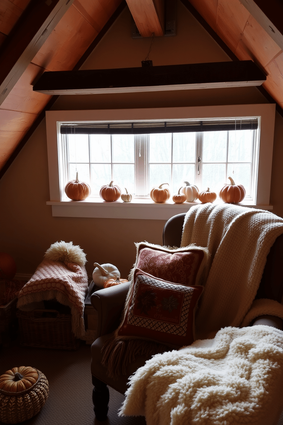 A cozy attic space decorated for Thanksgiving. The window sills are adorned with mini pumpkins in various sizes, adding a festive touch to the rustic wooden beams overhead. Soft, warm lighting fills the room, highlighting the autumn-themed decor. Plush blankets and seasonal pillows are arranged on a vintage armchair, creating an inviting nook perfect for relaxation.