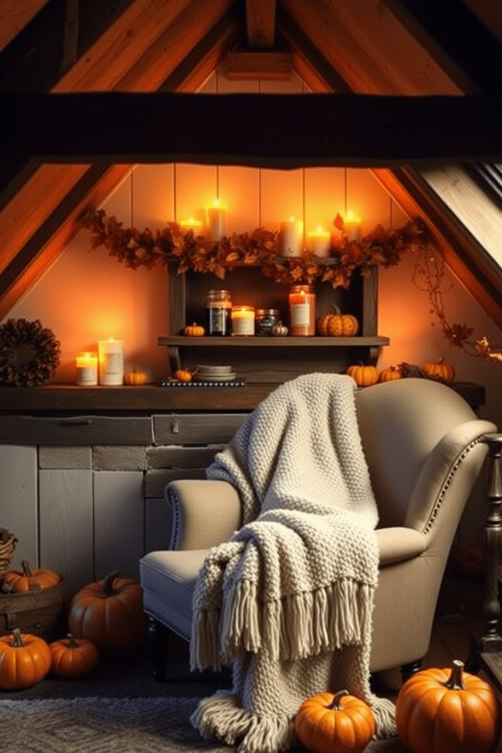 A cozy attic space adorned with warm autumn colors. Soft lighting illuminates the area, highlighting a collection of candles in rich pumpkin and cinnamon scents placed on rustic wooden shelves. Decorative elements include garlands of dried leaves and small pumpkins scattered around. A plush throw blanket drapes over a vintage armchair, inviting relaxation and warmth for Thanksgiving gatherings.
