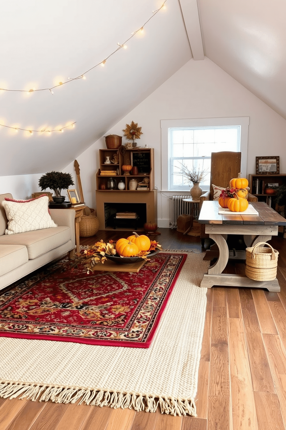 A cozy living room featuring layered rugs that add warmth and texture to the space. The base rug is a large, neutral-toned jute rug topped with a colorful Persian rug for an inviting aesthetic. For Thanksgiving, the attic is decorated with autumn-themed accents. Warm string lights illuminate the space, while a rustic wooden table is adorned with a harvest centerpiece of pumpkins and seasonal foliage.