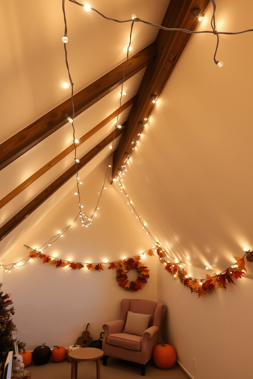 A cozy attic space adorned with string lights that create a warm and festive glow. The walls are painted in soft beige, and vintage wooden beams add character to the ceiling. Colorful autumn decorations are scattered throughout, including pumpkins and garlands made of dried leaves. A plush seating area with a comfortable armchair and a small table invites guests to relax and enjoy the seasonal ambiance.