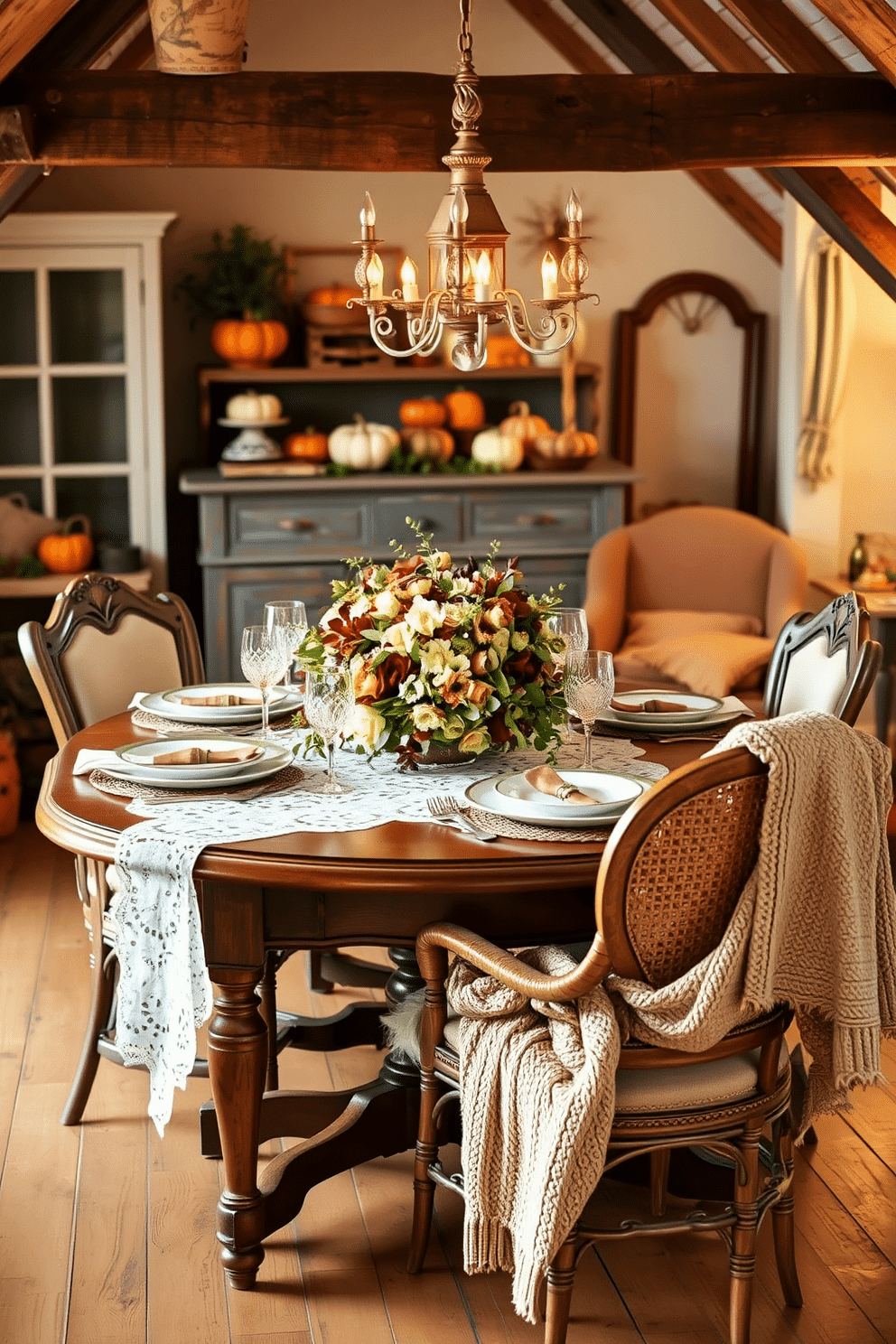 A vintage-inspired Thanksgiving table setting features an elegant wooden table adorned with a lace tablecloth. Centered on the table is a stunning floral arrangement with autumnal hues, surrounded by fine china and crystal glassware. For Thanksgiving attic decorating ideas, imagine a cozy attic space filled with rustic charm. Soft, warm lighting illuminates vintage decorations, including a mix of antique pumpkins and hand-knitted blankets draped over a charming wicker chair.