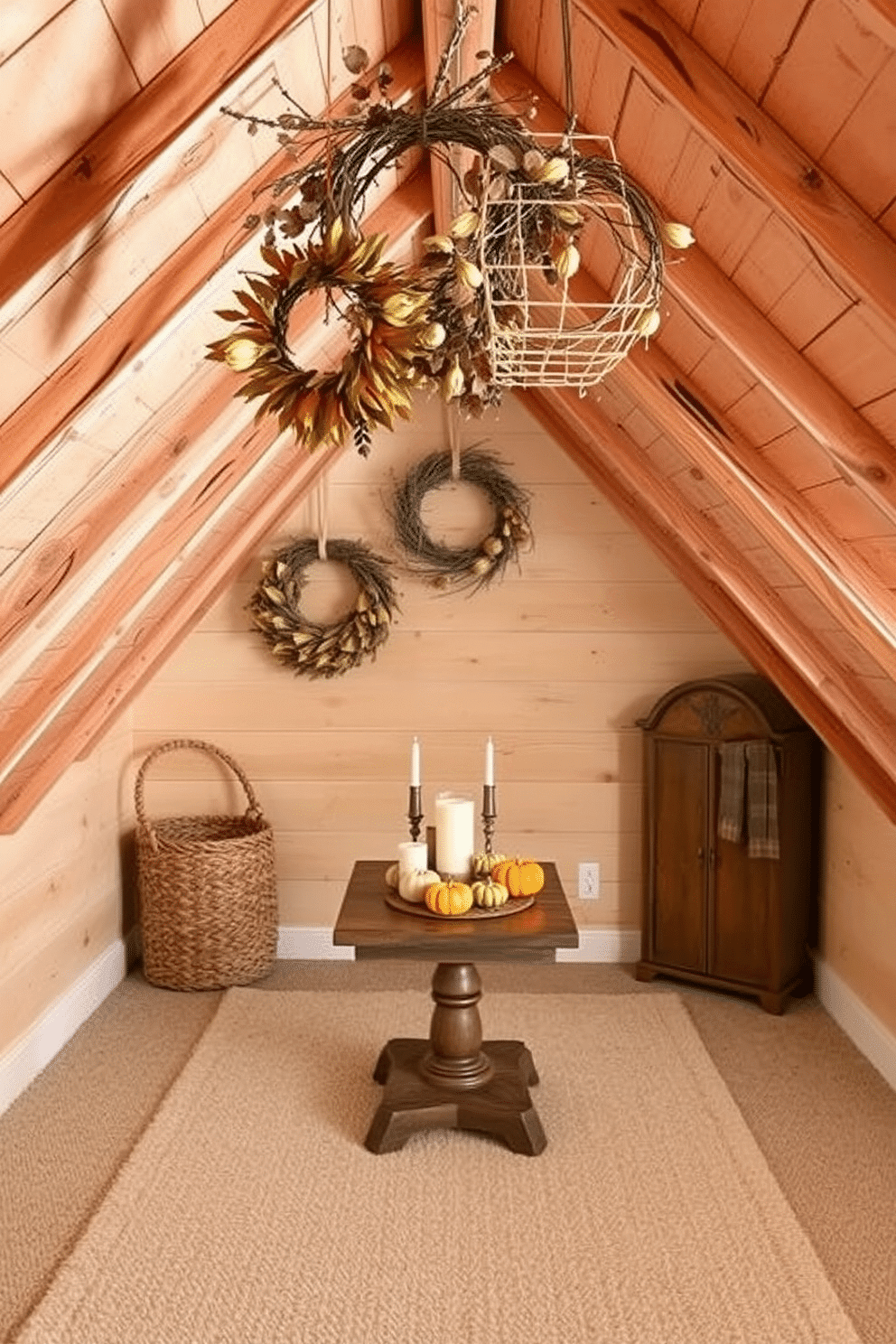 A cozy attic space decorated for Thanksgiving. The walls are lined with rustic wooden beams, and the floor is covered in a soft, neutral-toned rug. Dried leaf and twig wreaths hang from the ceiling beams, adding an earthy touch. A small wooden table is set with seasonal decorations, including pumpkins and candles.