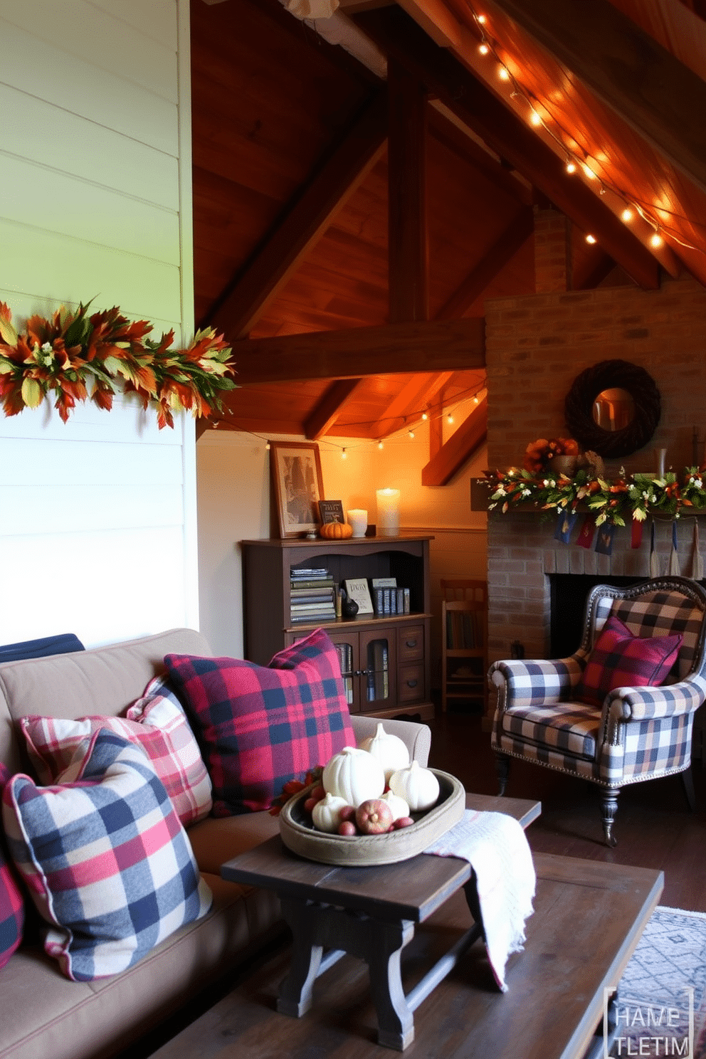 Plaid pillows in rich autumn colors are arranged on a cozy sofa, adding warmth and a seasonal touch to the living room. The fireplace is adorned with a garland of fall leaves, and a rustic wooden coffee table displays a centerpiece of pumpkins and candles. The attic is transformed into a charming retreat, featuring a plush reading nook with a vintage armchair and a small bookshelf filled with seasonal decor. Soft lighting from string lights casts a warm glow, creating an inviting atmosphere perfect for enjoying the holiday spirit.