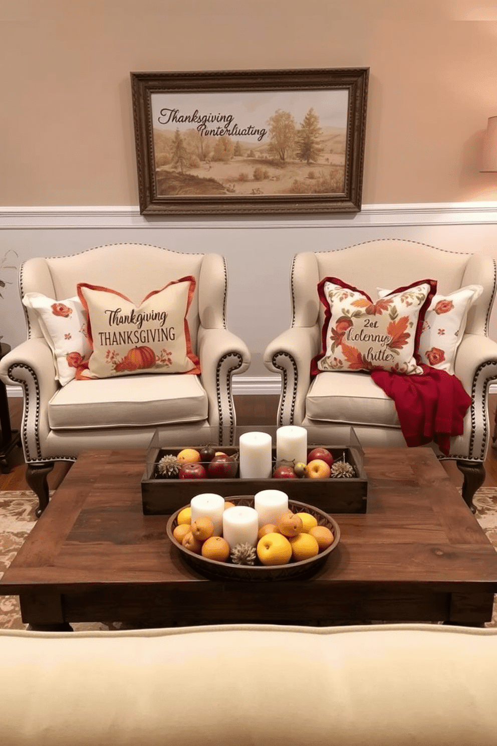 Thanksgiving themed throw pillows are arranged on a pair of elegant armchairs. The pillows feature warm autumn colors and festive patterns, creating a cozy atmosphere in the living room. A rustic wooden coffee table sits in front of the chairs, adorned with a centerpiece of seasonal fruits and candles. Soft, ambient lighting enhances the inviting feel of the space, perfect for holiday gatherings.