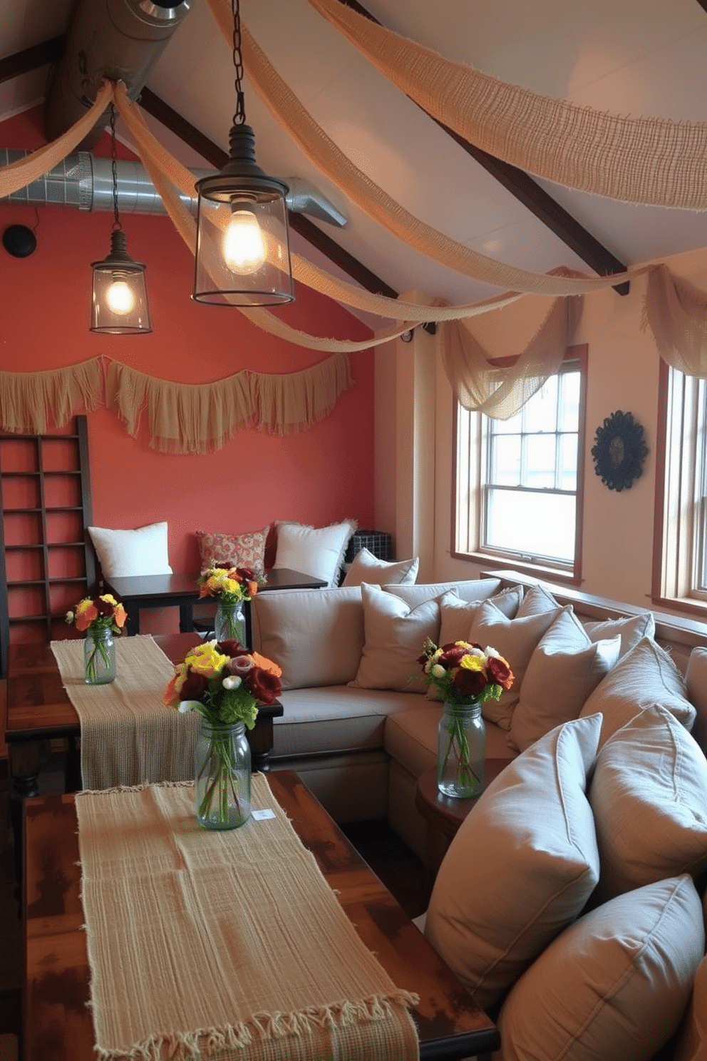 A cozy loft space adorned with burlap accents to enhance its rustic charm. The walls are painted in warm earth tones, and burlap table runners drape over wooden tables, complemented by mason jar centerpieces filled with seasonal flowers. Soft lighting from vintage-style pendant lamps creates an inviting atmosphere. Plush throw pillows in natural fabrics are scattered across a comfortable sectional sofa, inviting guests to relax and enjoy the festive ambiance.