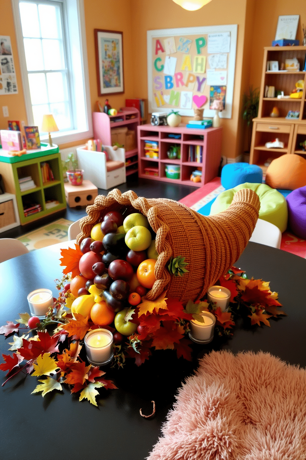 A vibrant tabletop cornucopia centerpiece filled with an assortment of colorful fruits and vegetables. The centerpiece is surrounded by small candles and autumn leaves to enhance the festive atmosphere. A playful and inviting playroom decorated with bright colors and soft furnishings. The space features a variety of activity zones including a reading nook, art station, and a cozy play area with plush rugs and bean bags.