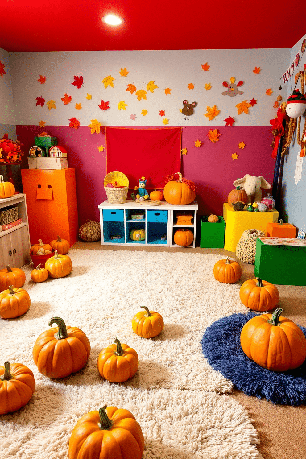 A cozy playroom filled with vibrant colors and playful decor. Gourds and pumpkins are scattered around, adding a festive touch to the Thanksgiving theme. Soft plush rugs cover the floor, providing a comfortable space for children to play. Colorful wall decals of autumn leaves and friendly animals enhance the cheerful atmosphere.
