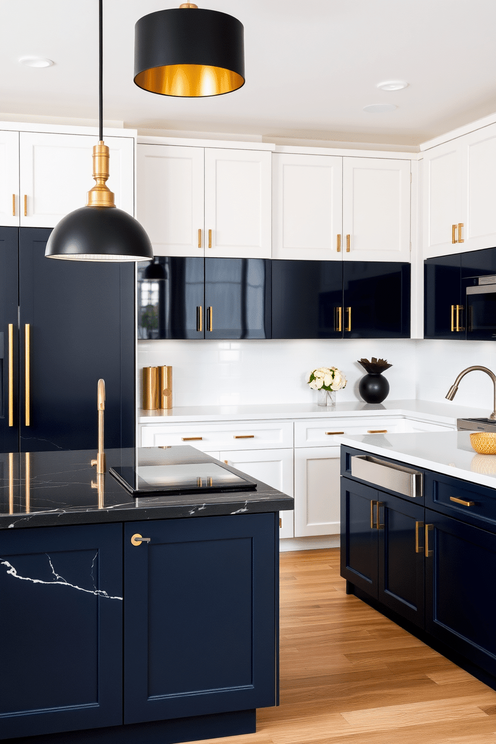 A luxurious kitchen space featuring a striking combination of black and gold accents. Sleek black cabinetry with gold handles is paired with a black marble island featuring subtle gold veining, while pendant lights with black shades and gold interiors hang gracefully above. In a stylish two-tone kitchen, the upper cabinets are finished in soft white, while the lower cabinets showcase a rich navy blue. A polished white quartz countertop ties the two tones together, with stainless steel hardware and appliances completing the look.