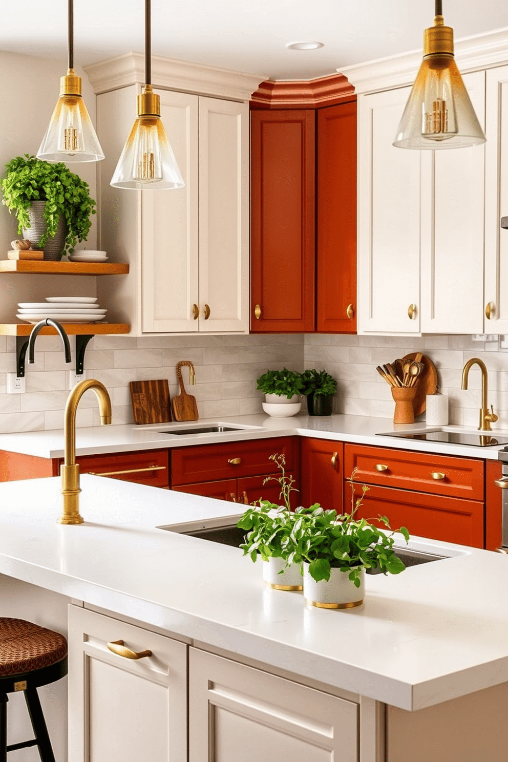 A cozy kitchen with a two-tone design featuring warm terracotta lower cabinets paired with soft ivory uppers. The terracotta hue adds depth and richness, while the ivory tones keep the space bright and inviting. A sleek white quartz countertop ties the two colors together, complemented by a backsplash featuring handmade ivory tiles. Brass hardware and fixtures introduce a touch of elegance, while potted herbs on the counter bring a fresh, earthy vibe.