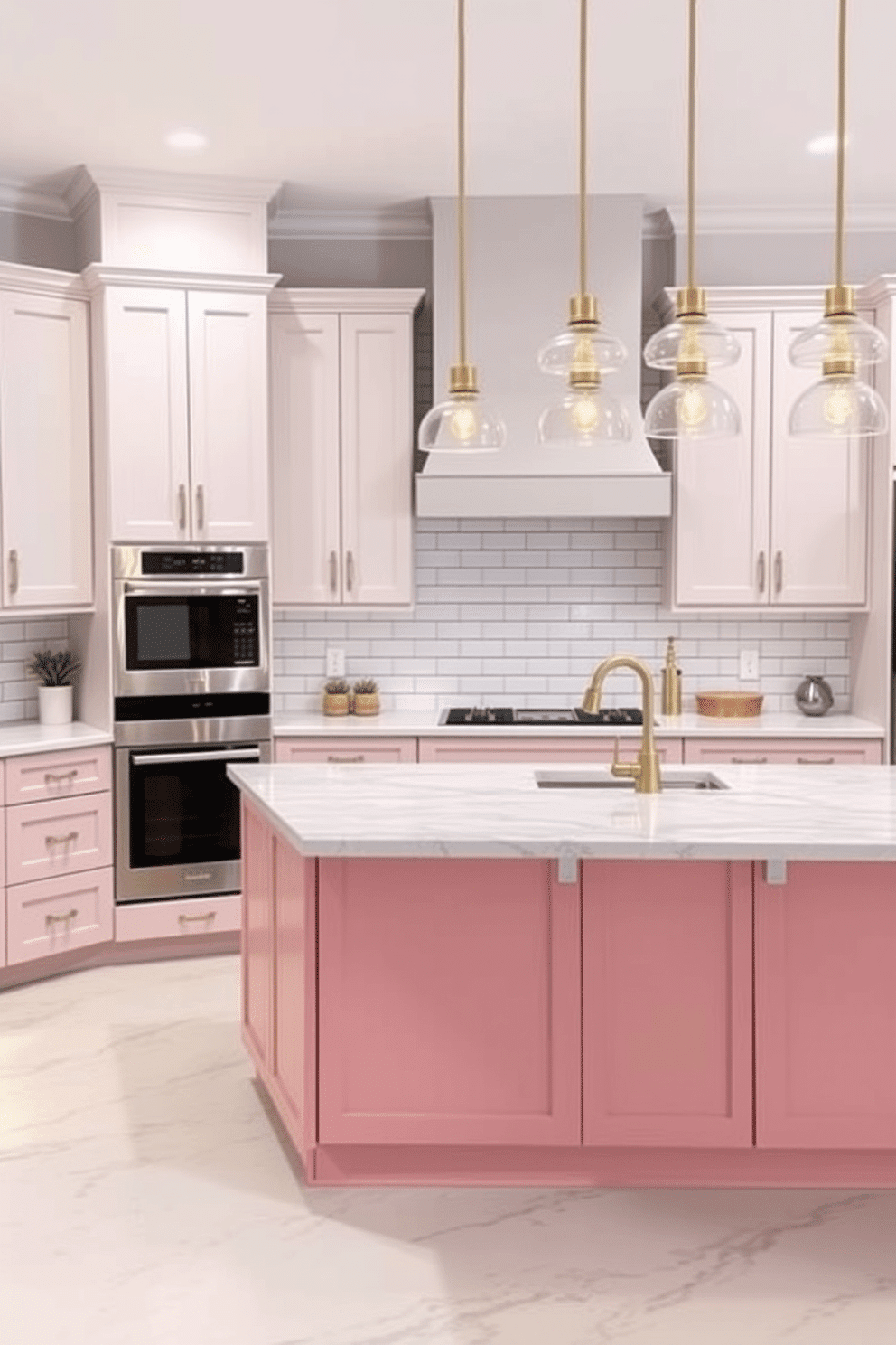 A contemporary kitchen design with blush pink lower cabinets paired with light gray upper cabinets creates a soft, inviting aesthetic. The countertops are white quartz with subtle gray veining, and a blush pink island with a gray marble countertop serves as the centerpiece. The backsplash features white subway tiles arranged vertically, bordered with blush pink grout for a unique touch. A trio of pendant lights with brushed gold finishes hangs above the island, illuminating the space with warm, elegant lighting.