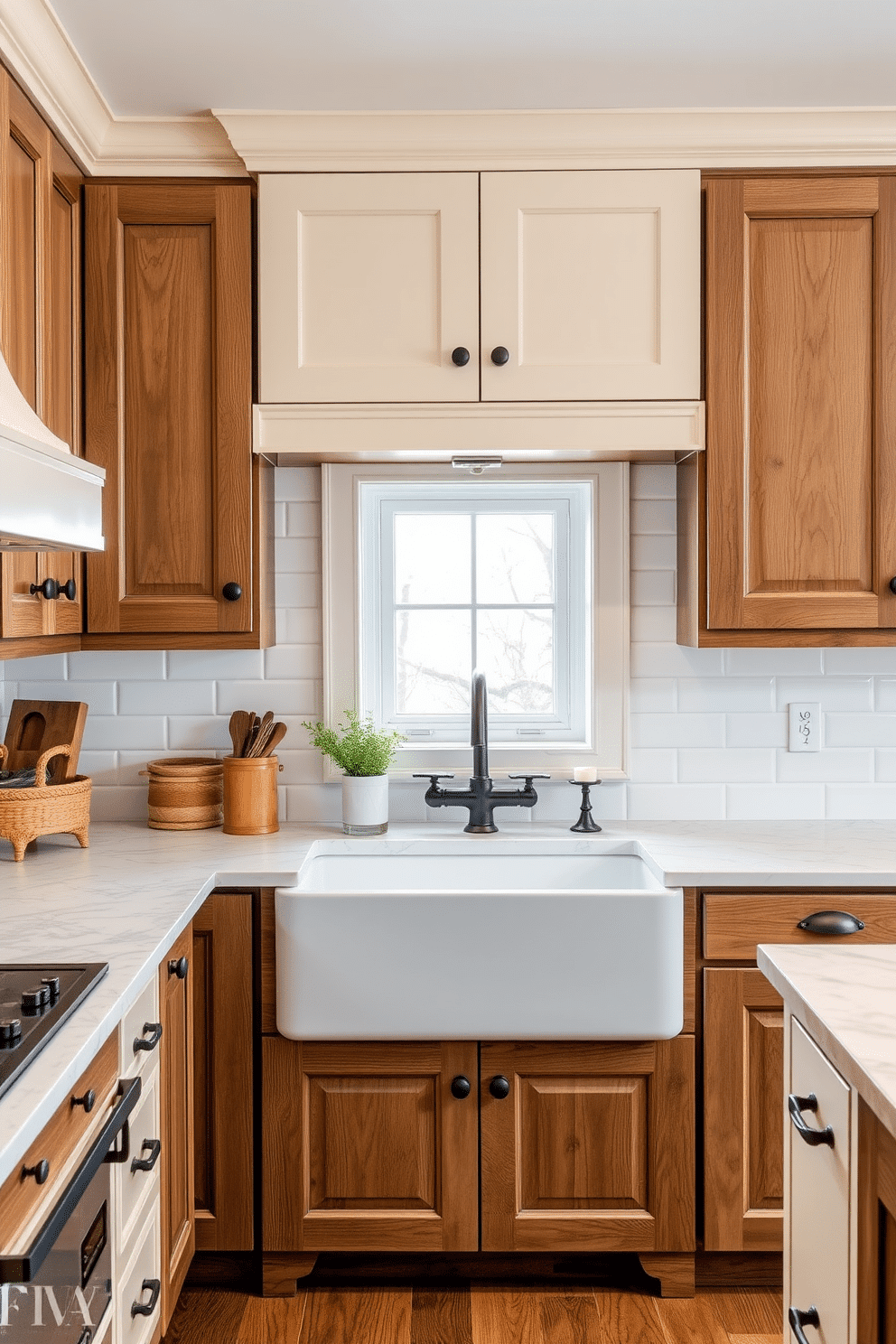 A cozy kitchen space where rustic brown wooden cabinets stand out, paired beautifully with cream-colored upper cabinets to create a warm, two-tone aesthetic. The cabinets feature black metal hardware, adding a subtle industrial touch to the design. White marble countertops with delicate veining complement the earthy tones, while a white subway tile backsplash brightens the space. A large farmhouse sink is the focal point, surrounded by cream accents and rustic wooden details, creating an inviting and timeless kitchen design.