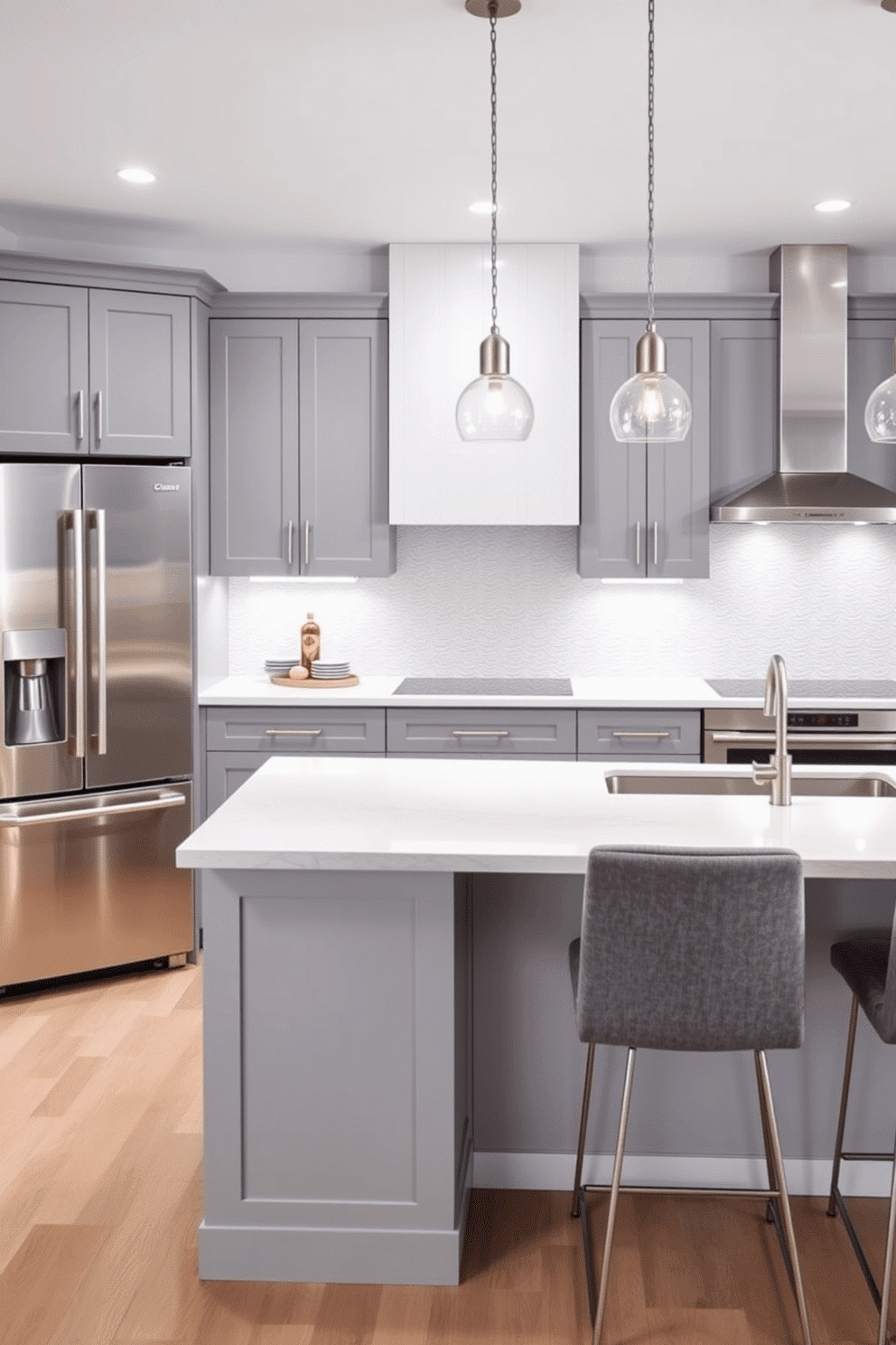 A sleek and modern kitchen featuring pebble gray cabinetry paired with a contrasting white island. The countertops are pristine white quartz, and stainless steel appliances, including a double-door refrigerator and built-in oven, add a contemporary polished touch. Above the island, two pendant lights with stainless steel finishes cast a warm glow. The backsplash is a textured light gray subway tile, while barstools with metal legs and gray upholstered seats complete the two-tone design with understated sophistication.