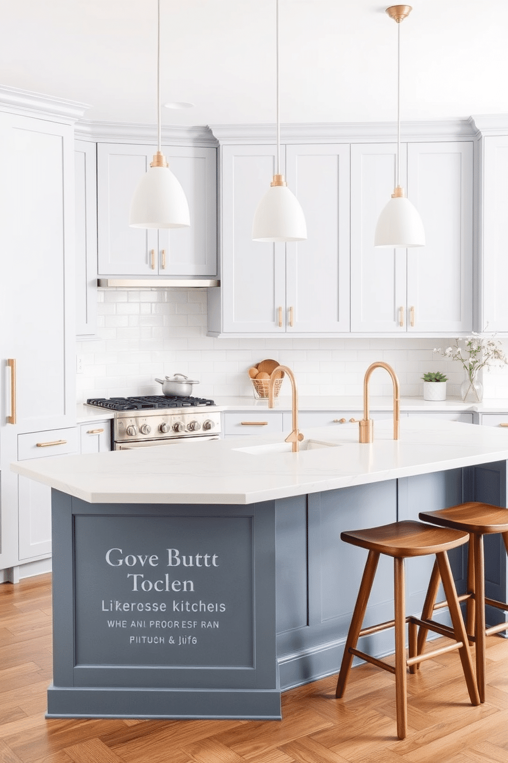 A modern two-tone kitchen featuring upper cabinets painted in a soft powder blue, paired with lower cabinets in a crisp linen tone. The backsplash is a subway tile in a white shade, with a light quartz countertop that seamlessly ties the palette together. A large central island with a powder blue base and a white marble countertop serves as the focal point of the space. Minimalist brass hardware, white pendant lighting, and wooden barstools add warmth and elegance to the design.