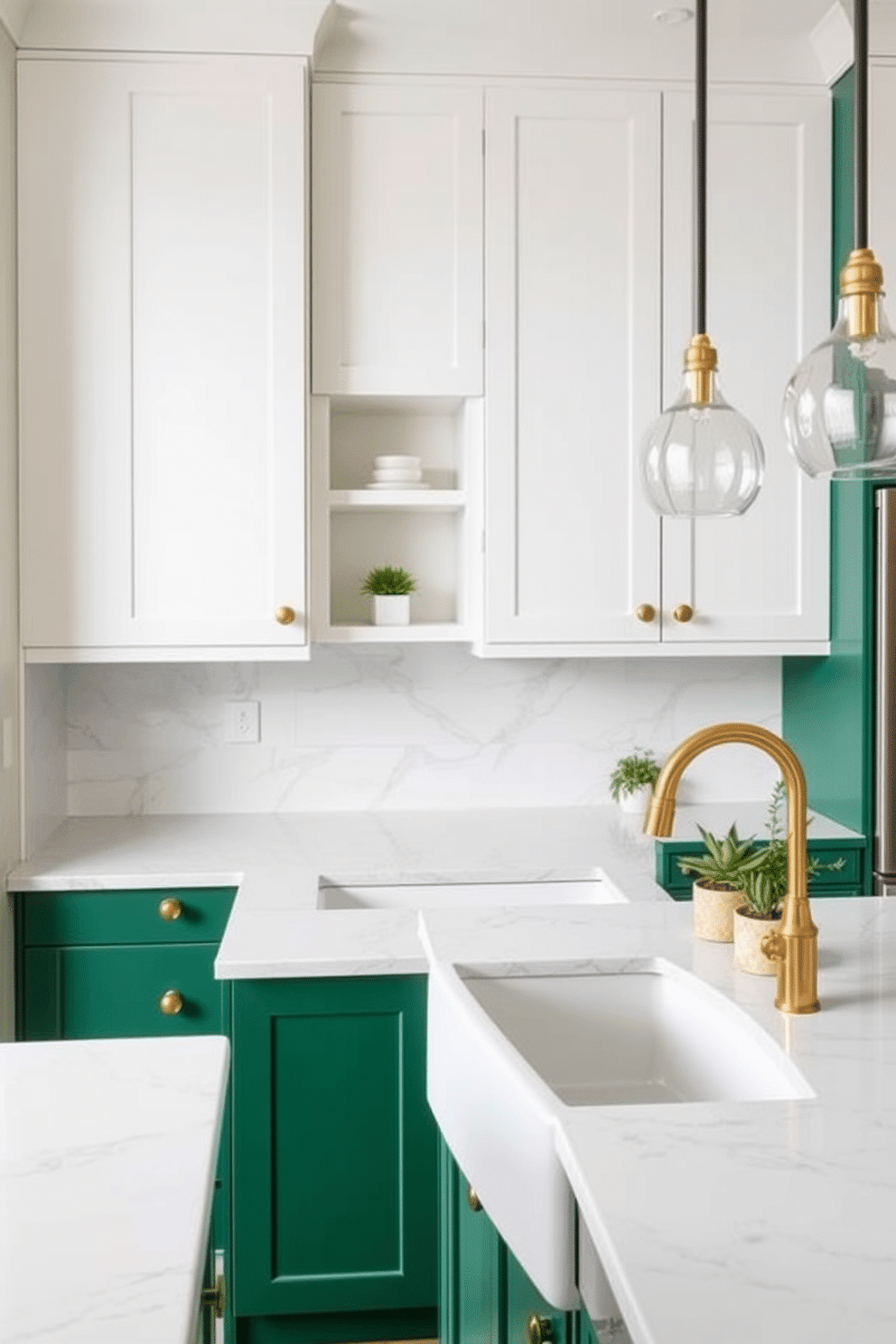 A modern kitchen with emerald green lower cabinets, accented by sleek brass knobs that add a touch of sophistication. The upper cabinets are painted a soft white, creating a striking two-tone effect that feels both fresh and timeless. The emerald green cabinetry contrasts with a marble backsplash and a white quartz countertop, offering a harmonious balance of colors and textures. A brass faucet and pendant lights tie the design together, while small potted plants provide a natural accent atop the counters.