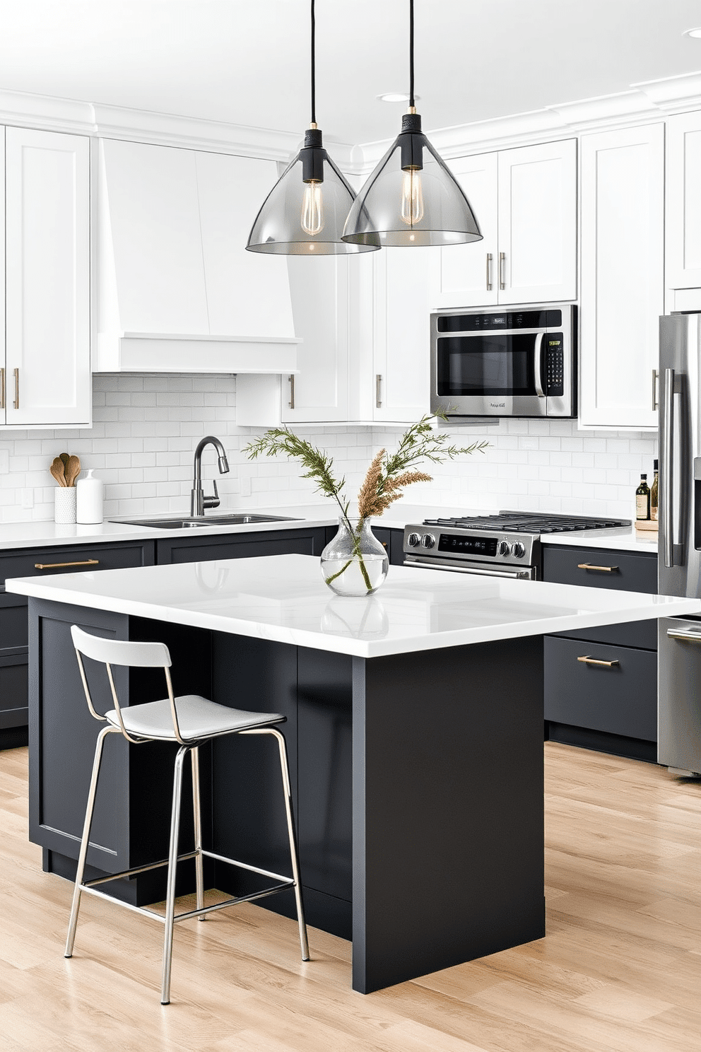 A sleek and modern two-tone kitchen with charcoal gray lower cabinets that provide a bold and grounding contrast to crisp white upper cabinets. The countertops feature a polished white quartz finish, while brushed nickel hardware and a subway tile backsplash add subtle texture and refinement to the design. The island, also in charcoal gray, is paired with a white marble countertop and surrounded by minimalist bar stools with metallic accents. Pendant lights with black and gold finishes hang above the island, and a vase with fresh greenery adds a pop of organic color to the space.