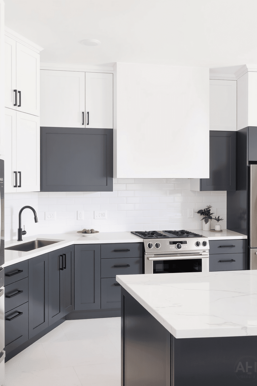 A modern kitchen with sleek, clean lines. The upper cabinets and walls are painted a crisp, pure white, while the lower cabinets and island feature a cool charcoal finish with a matte texture. A white marble countertop with subtle grey veining stretches across the surfaces, paired with a glossy white tile backsplash. Stainless steel appliances and minimalist black hardware add a contemporary edge, while a few scattered greenery accents bring a touch of life to the space.