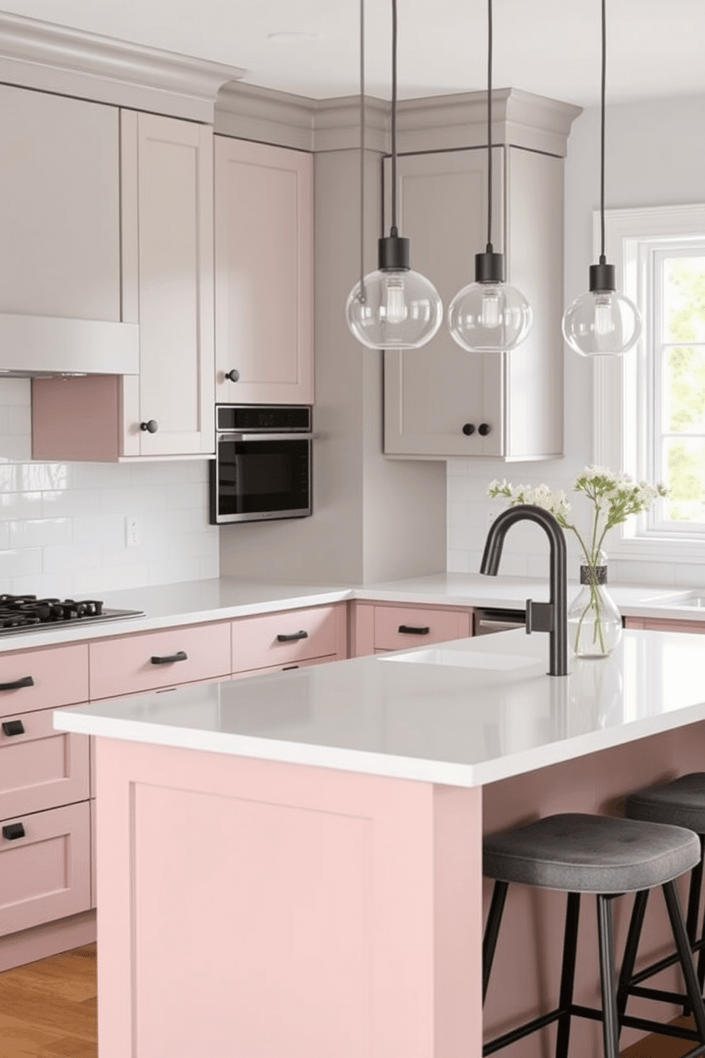 A chic two-tone kitchen featuring dusty pink lower cabinets and subtle gray upper cabinets. The backsplash is a glossy white subway tile, complementing the sleek white countertop and soft natural lighting. Matte black handles adorn the cabinetry, adding a modern edge to the pastel tones. A trio of minimalistic pendant lights hangs above the island, set with gray-topped bar stools to tie the palette together beautifully.